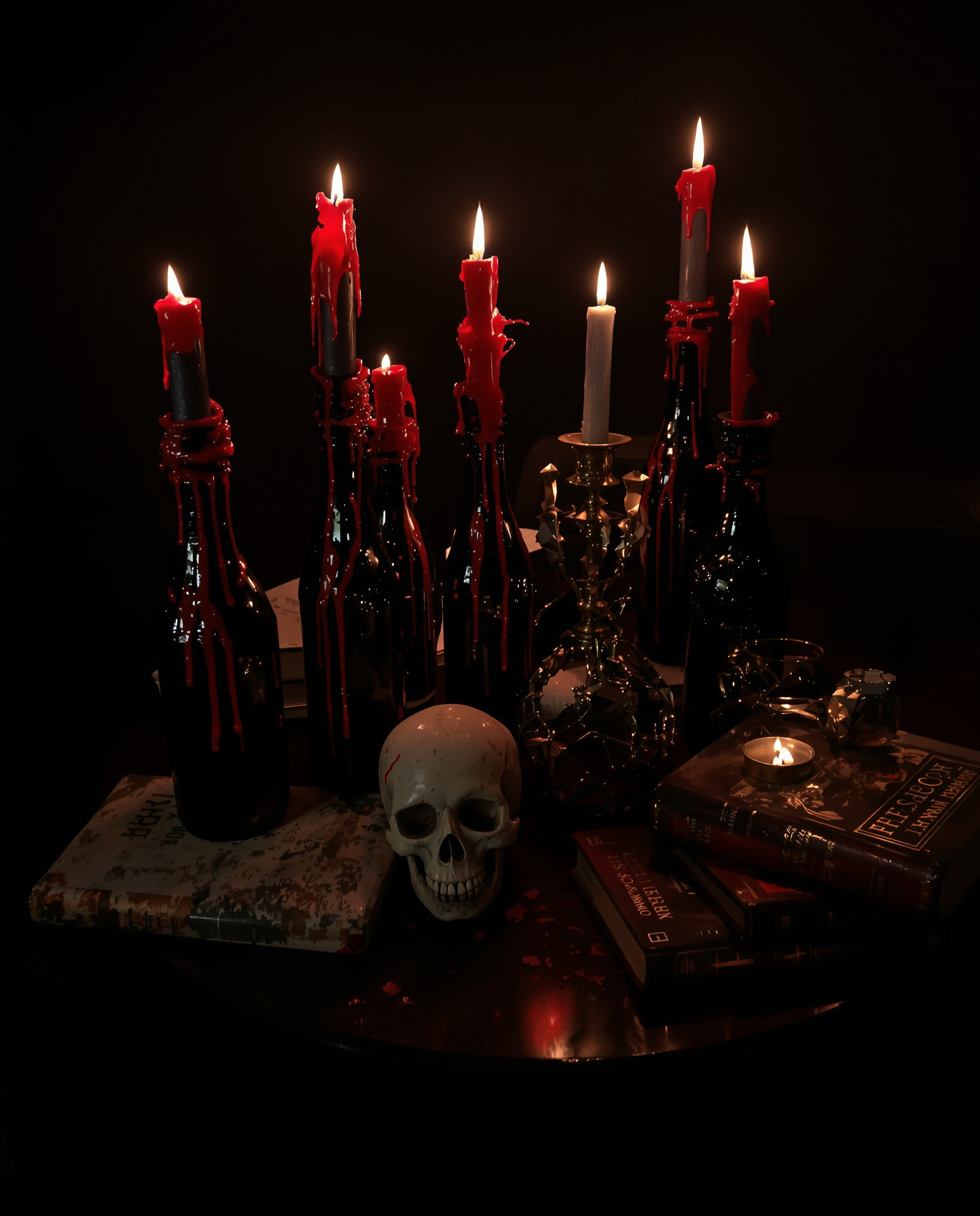 Ambiance Halloween gothique chandeliers bouteille noire