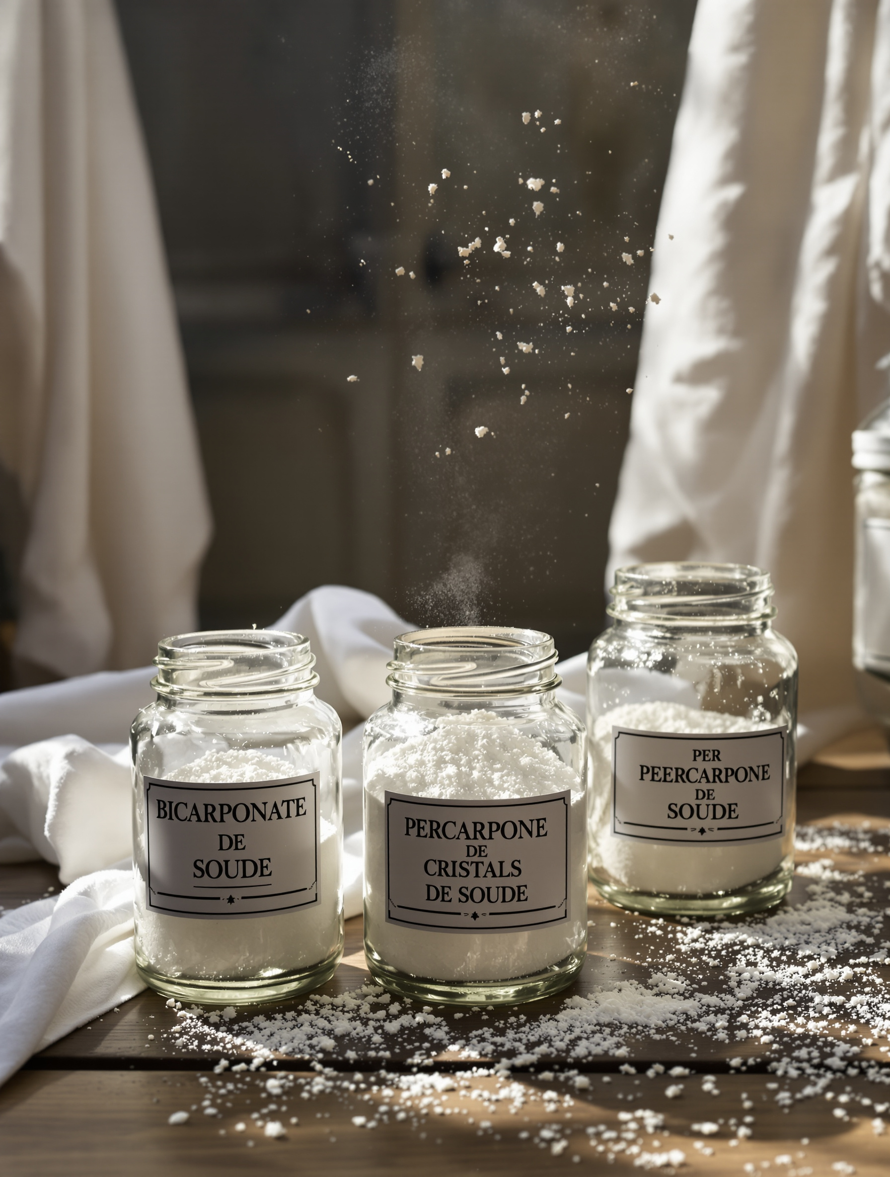 L'arsenal de l'alchimiste domestique : bicarbonate de soude, percarbonate et cristaux de soude, poudres anciennes prêtes à murmurer aux fibres pour restaurer la pureté d'un linge blanc déteint.