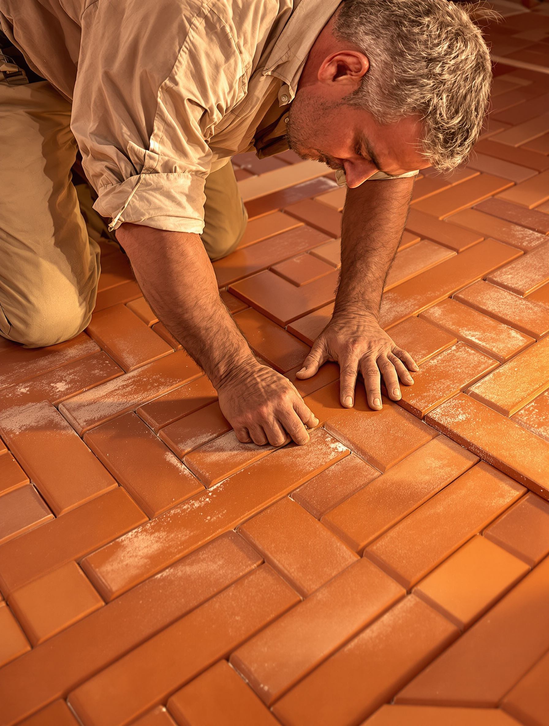 Artisan carreleur concentré, réalisant une pose complexe en chevrons avec des tomettes. Lumière révélant la texture et la précision du geste.