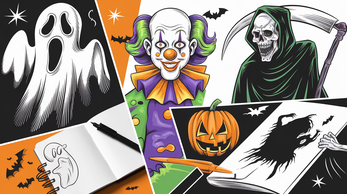 Astuces finition Halloween : fantôme avec ombres portées, clown aux yeux vides, main disproportionnée de faucheuse, palette restreinte et matériel simple.