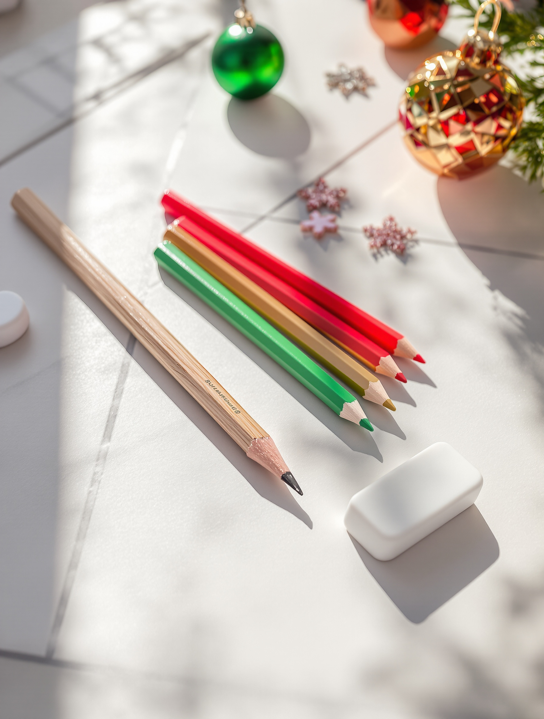 L'attirail essentiel de l'architecte des fêtes : un crayon HB, fidèle compagnon, une gomme, notre maître d'œuvre, et quelques crayons de couleur pour le ravalement de façade final. Rien de plus n'est nécessaire pour élever les plans de votre bonheur de Noël.