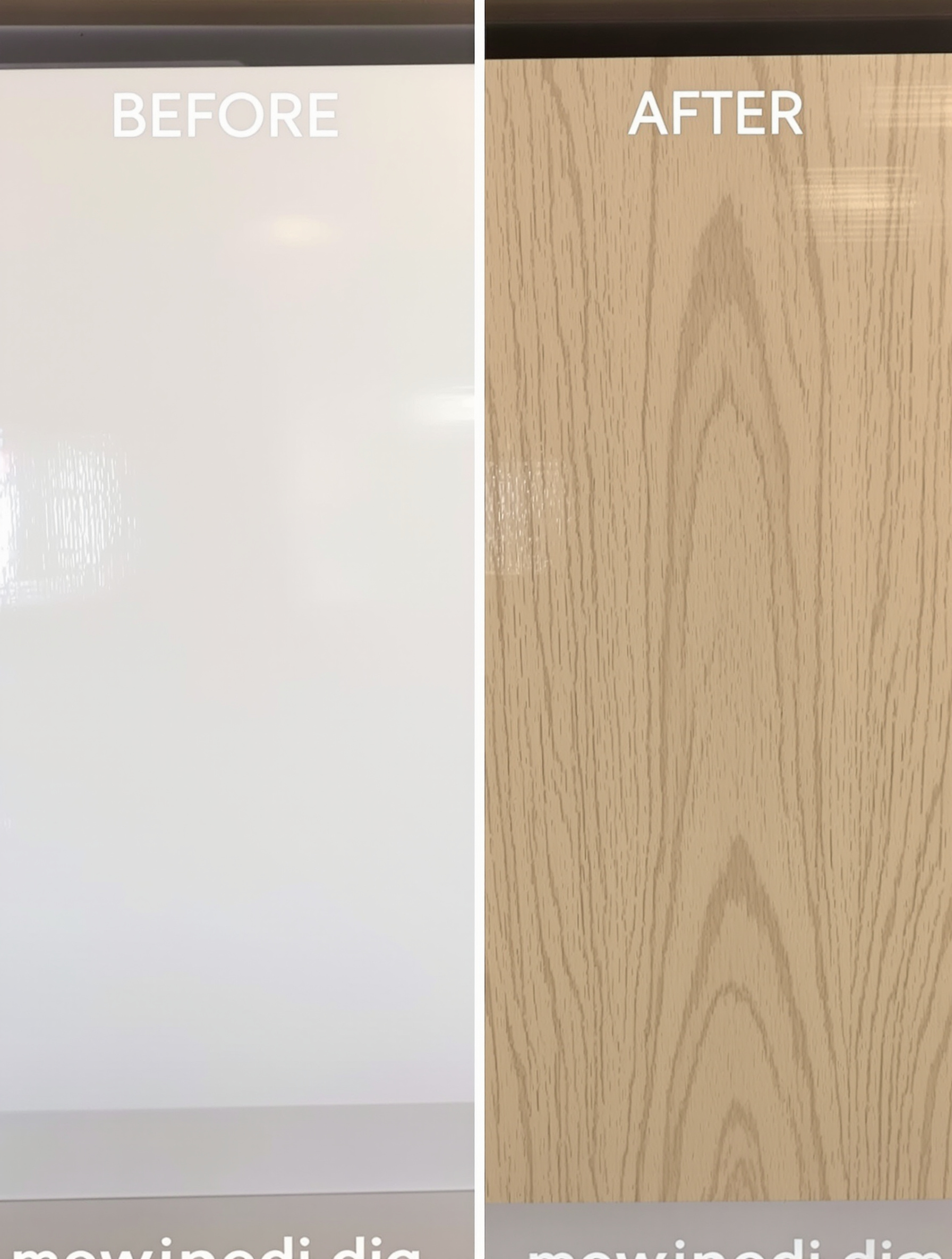 Avant/après peinture effet bois sur une porte de placard de cuisine : à gauche, mélaminé blanc lisse ; à droite, effet chêne clair réaliste et chaleureux.