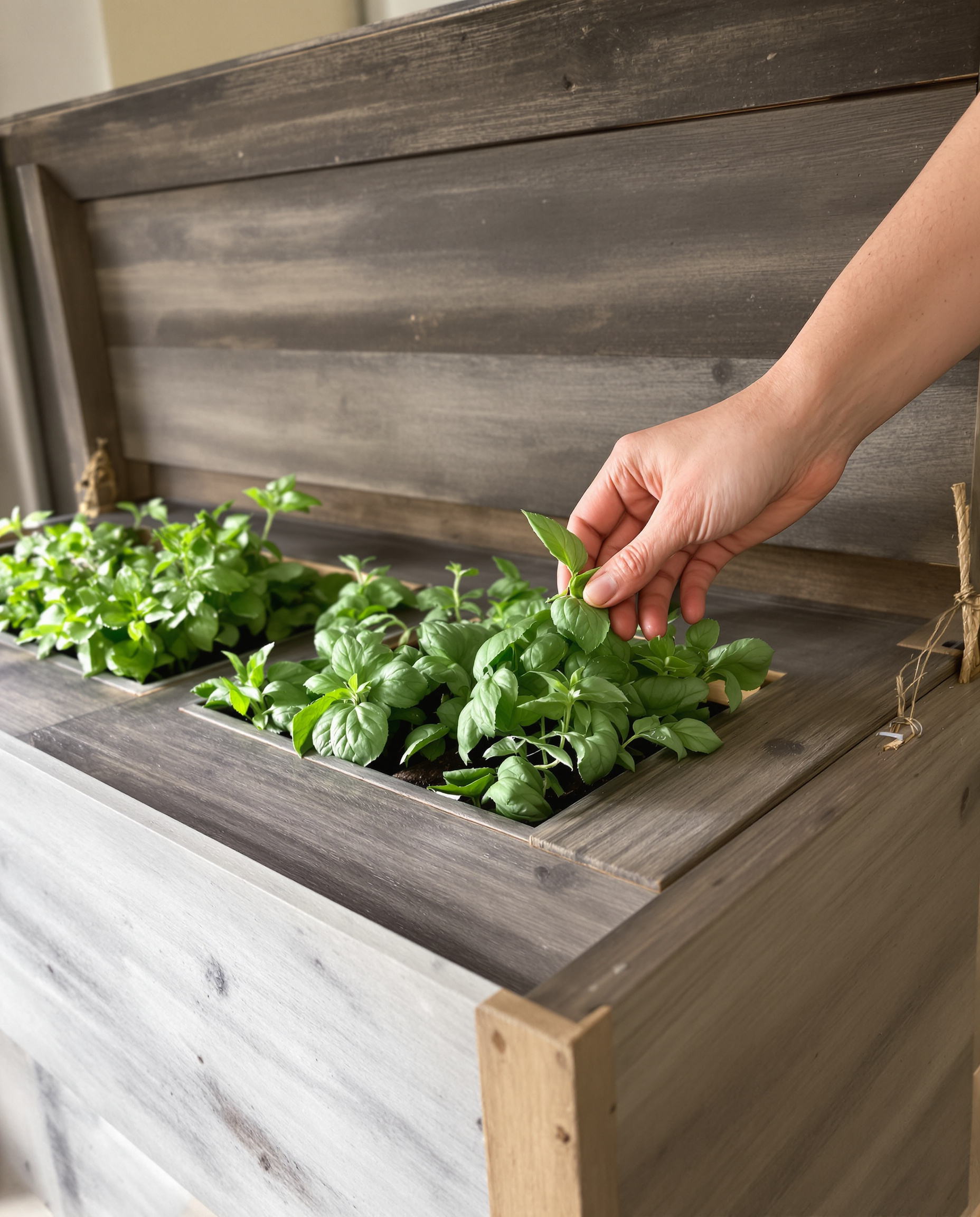 Banc coffre IKEA hacké façon mini-serre avec pots d'herbes aromatiques et main cueillant une feuille.