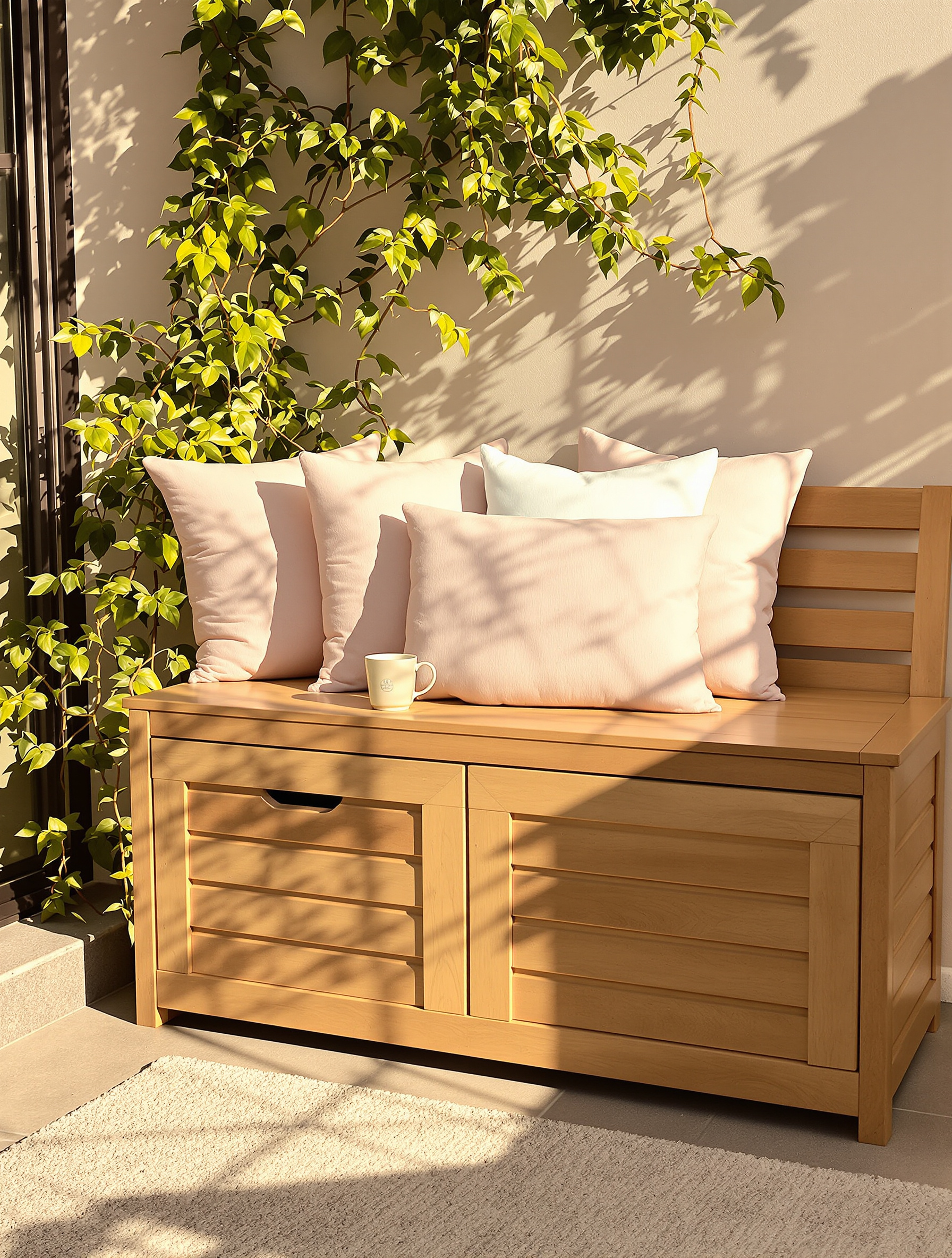 Banc coffre NÄMMARÖ sur un balcon avec coussins affaissés, tasse de thé et plante grimpante sous lumière dorée.