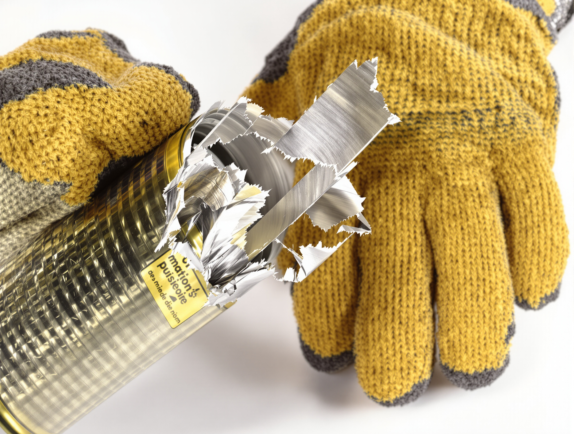 Une boîte de conserve ouverte avec une méthode alternative, montrant clairement les bords métalliques très coupants et irréguliers. Une main portant un gant de travail épais est positionnée à côté pour souligner la nécessité de se protéger.