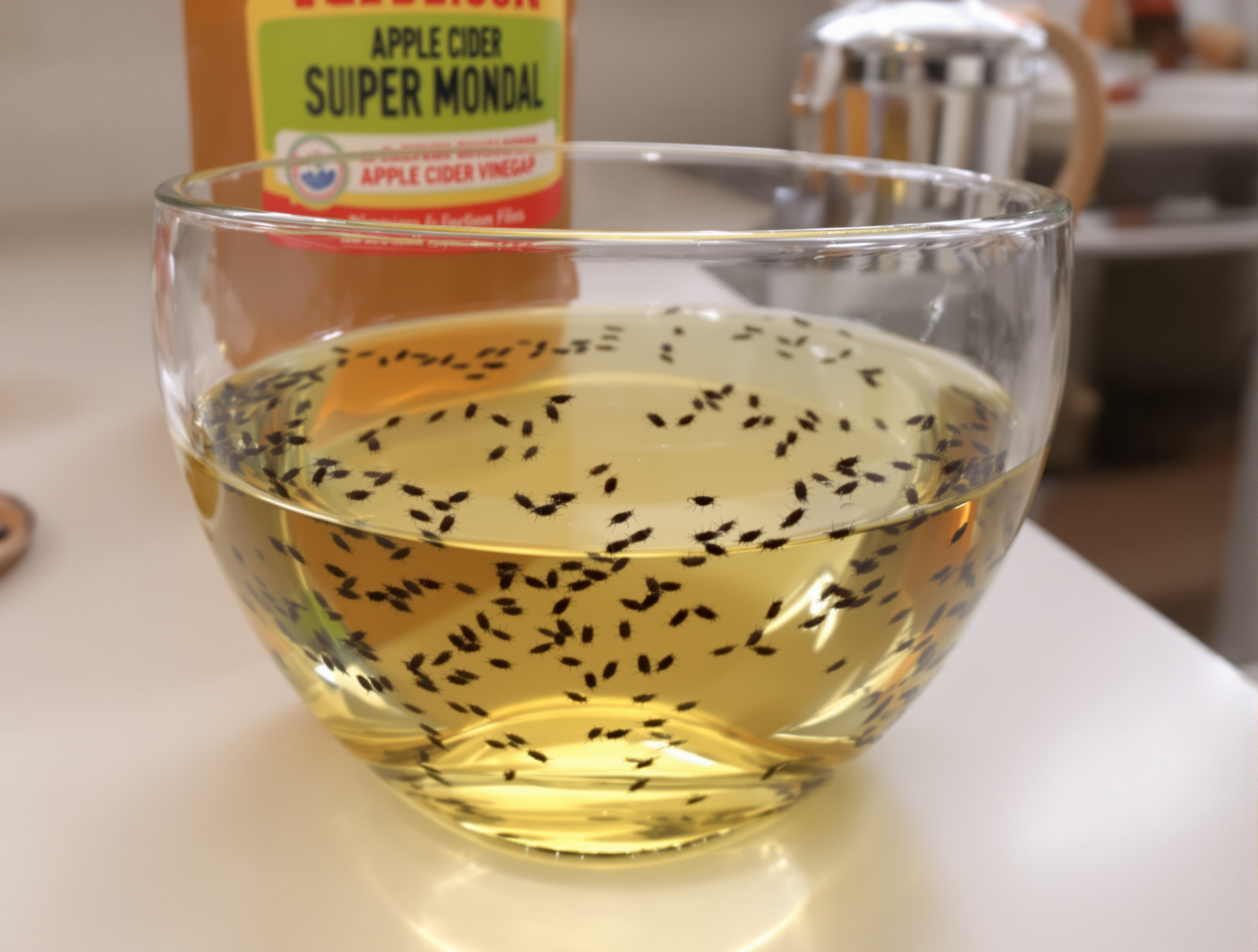 Bol rempli de vinaigre de cidre avec mouches piégées – démonstration d’efficacité du piège naturel