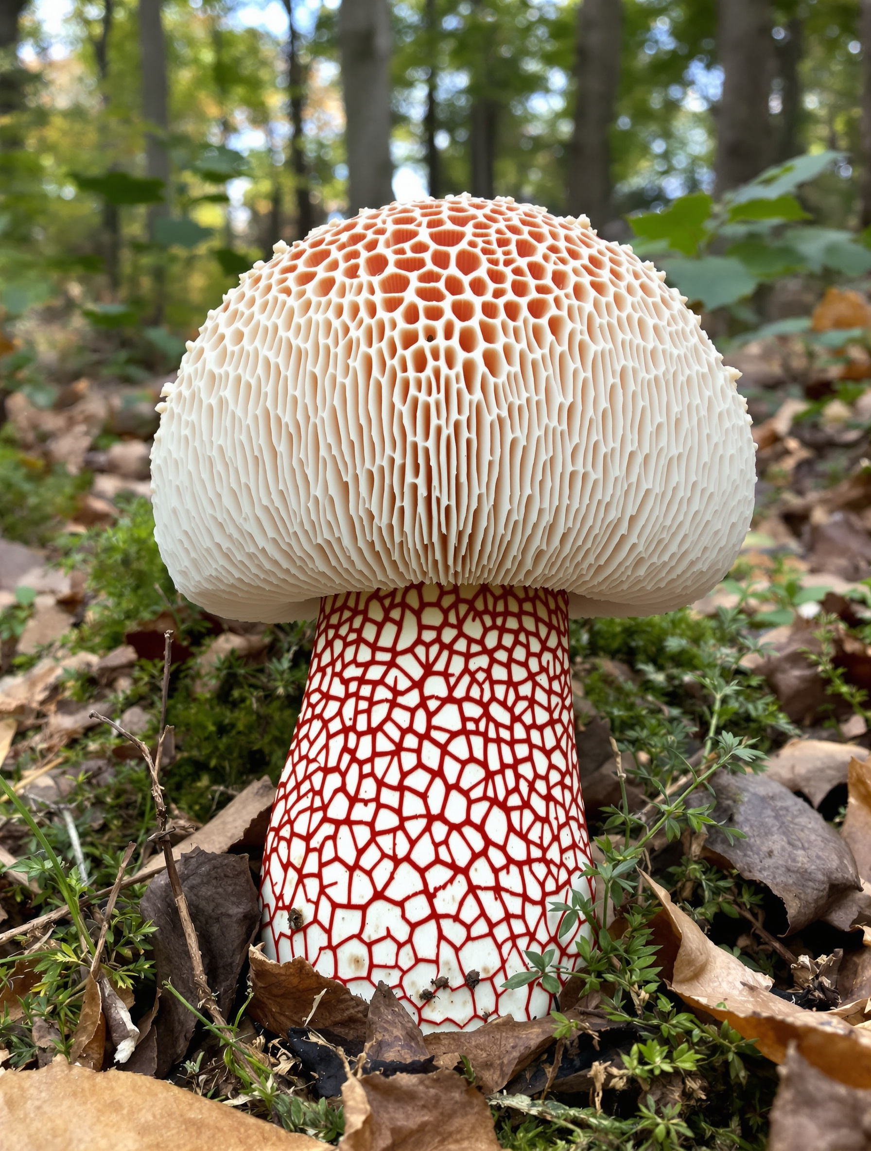 Le Bolet de Satan (Rubroboletus satanas) dans son habitat naturel : chapeau blanc crayeux, pied ventru orné d’un réseau rouge vif.