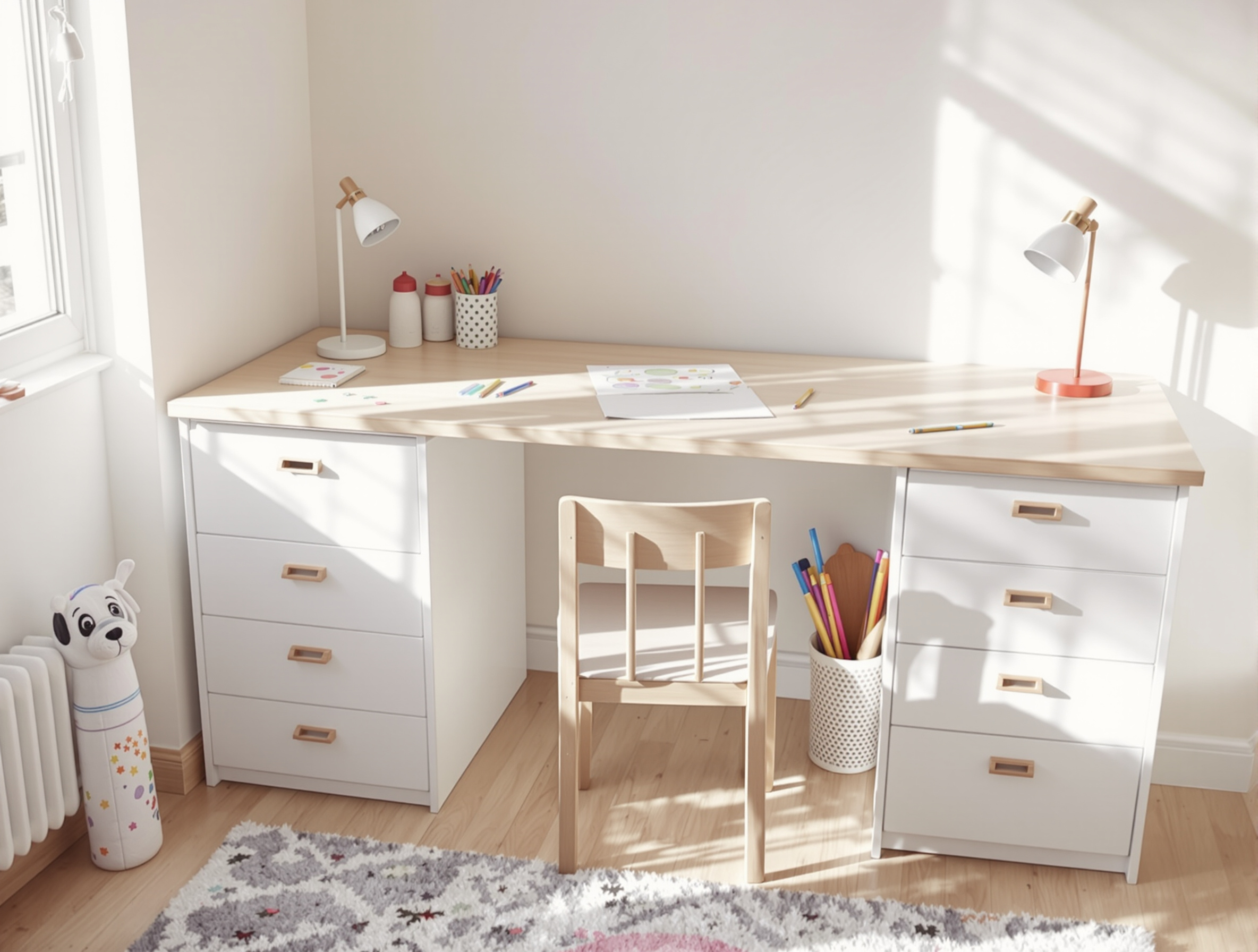 Bureau enfant lumineux avec deux TROFAST blancs, plateau bois clair et chaise FLISAT assortie.