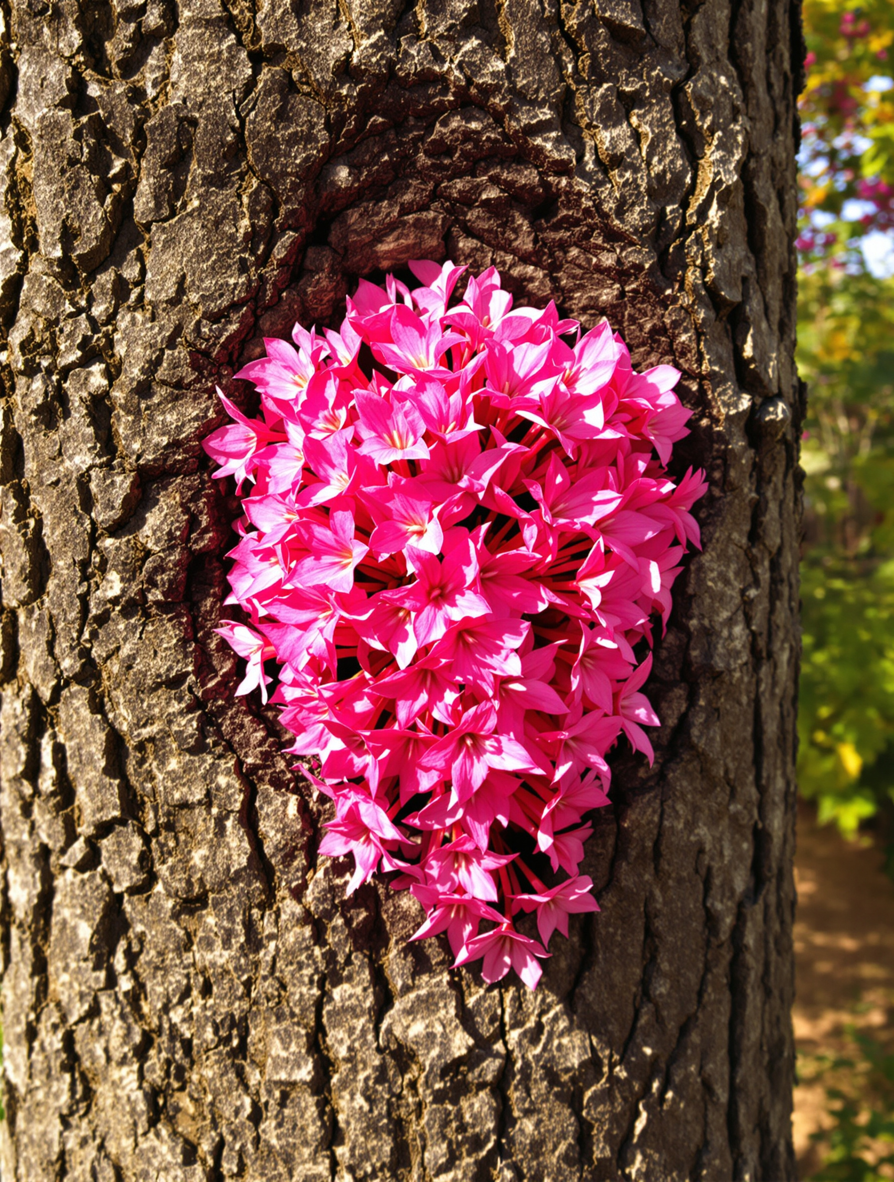 Gros plan sur un tronc sombre d’Arbre de Judée avec bouquets de fleurs rose vif illustrant la cauliflorie.