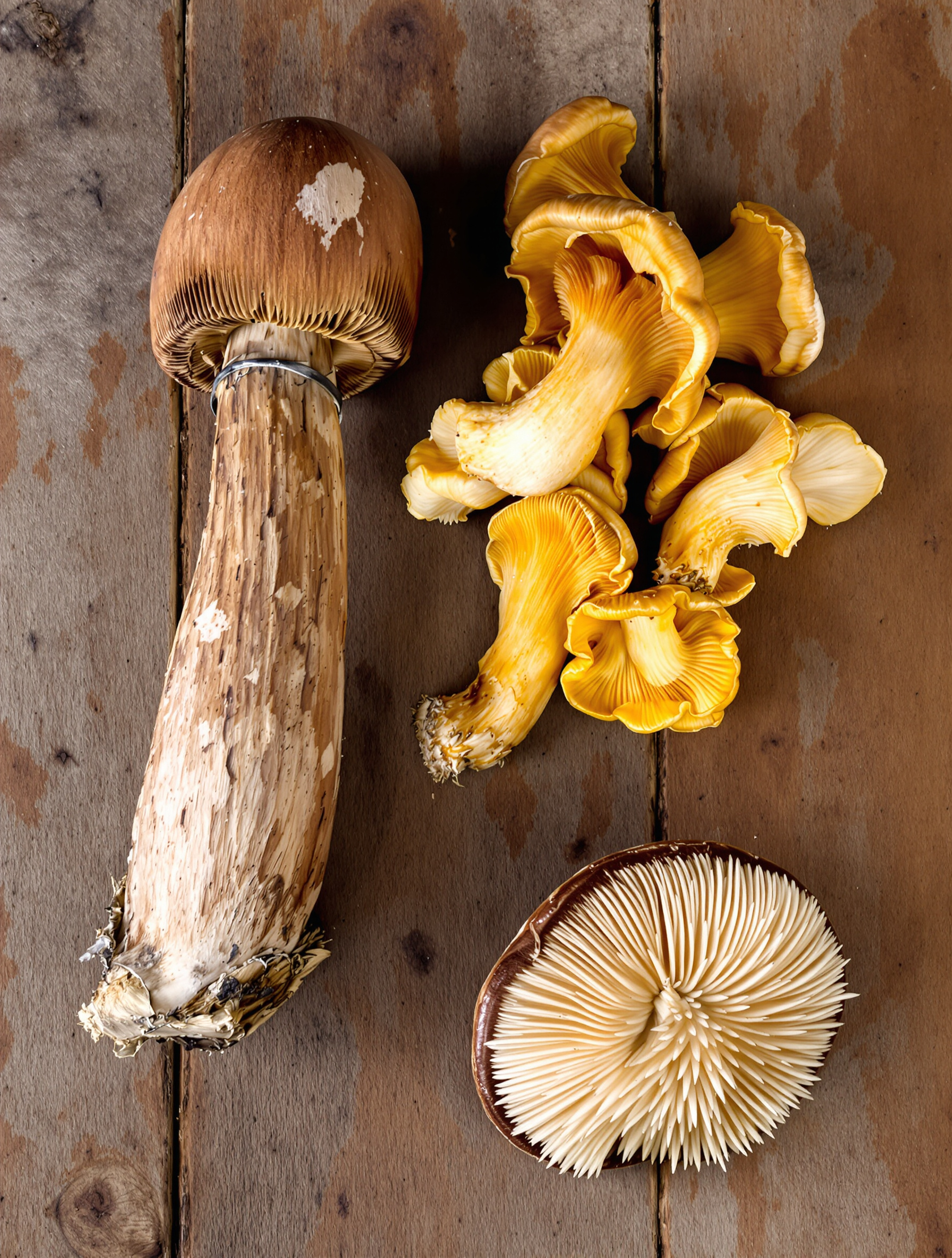 Trois champignons comestibles pour débutants côte à côte : un Cèpe de Bordeaux pied ventru, des Girolles dorées, et un Pied-de-Mouton retourné sur une table en bois ancien.