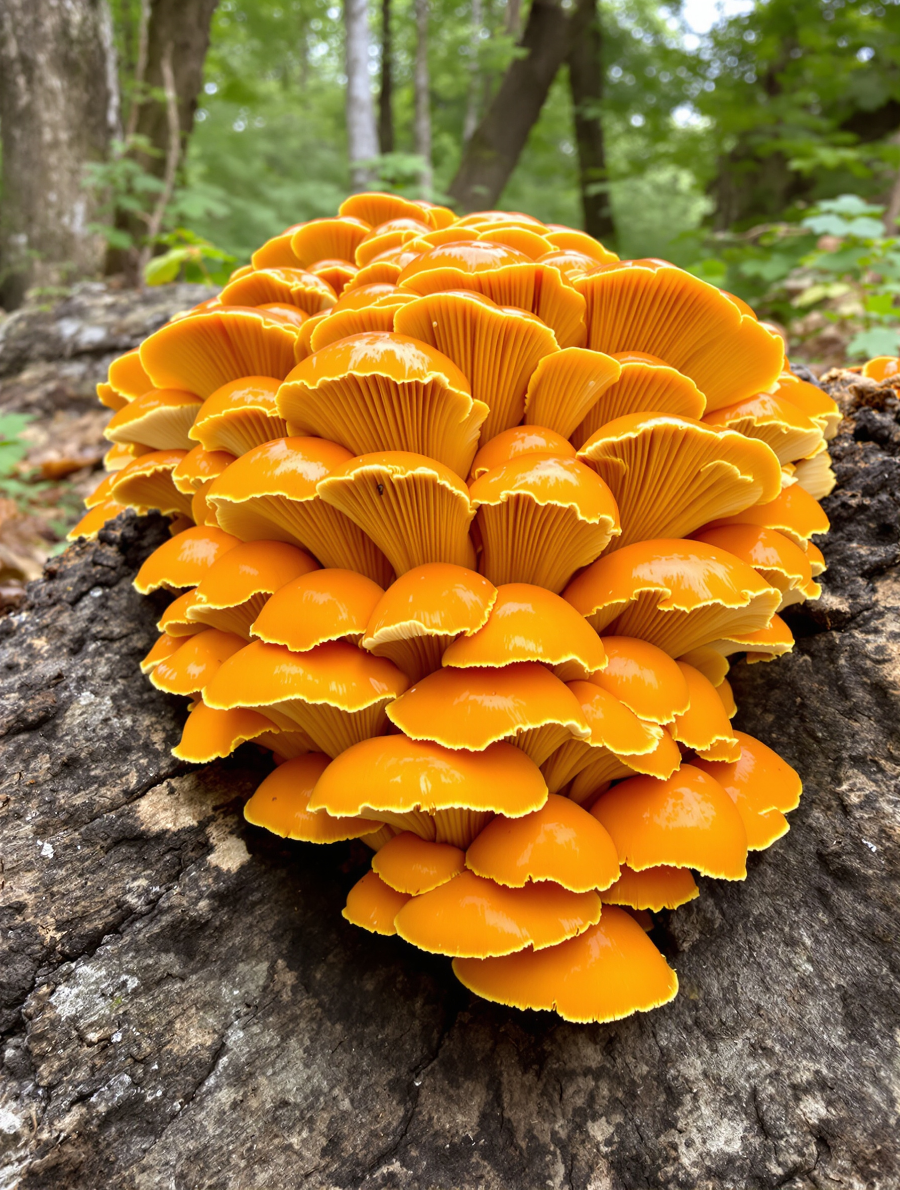 Clitocybe de l'olivier (Omphalotus olearius) poussant en touffe sur une souche d'arbre, couleur orange vif et lamelles bien visibles.