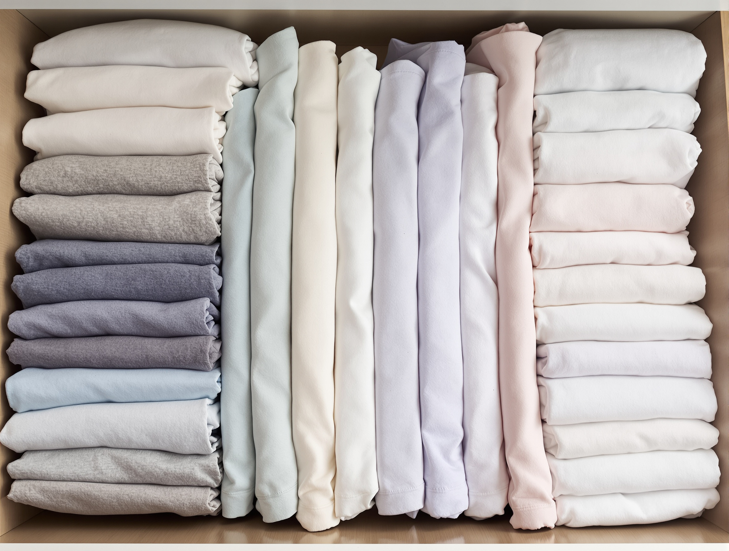 Vue en plan de l'urbanisme parfait d'un tiroir, où chaque t-shirt a sa parcelle et se présente de tranche, digne et accessible.