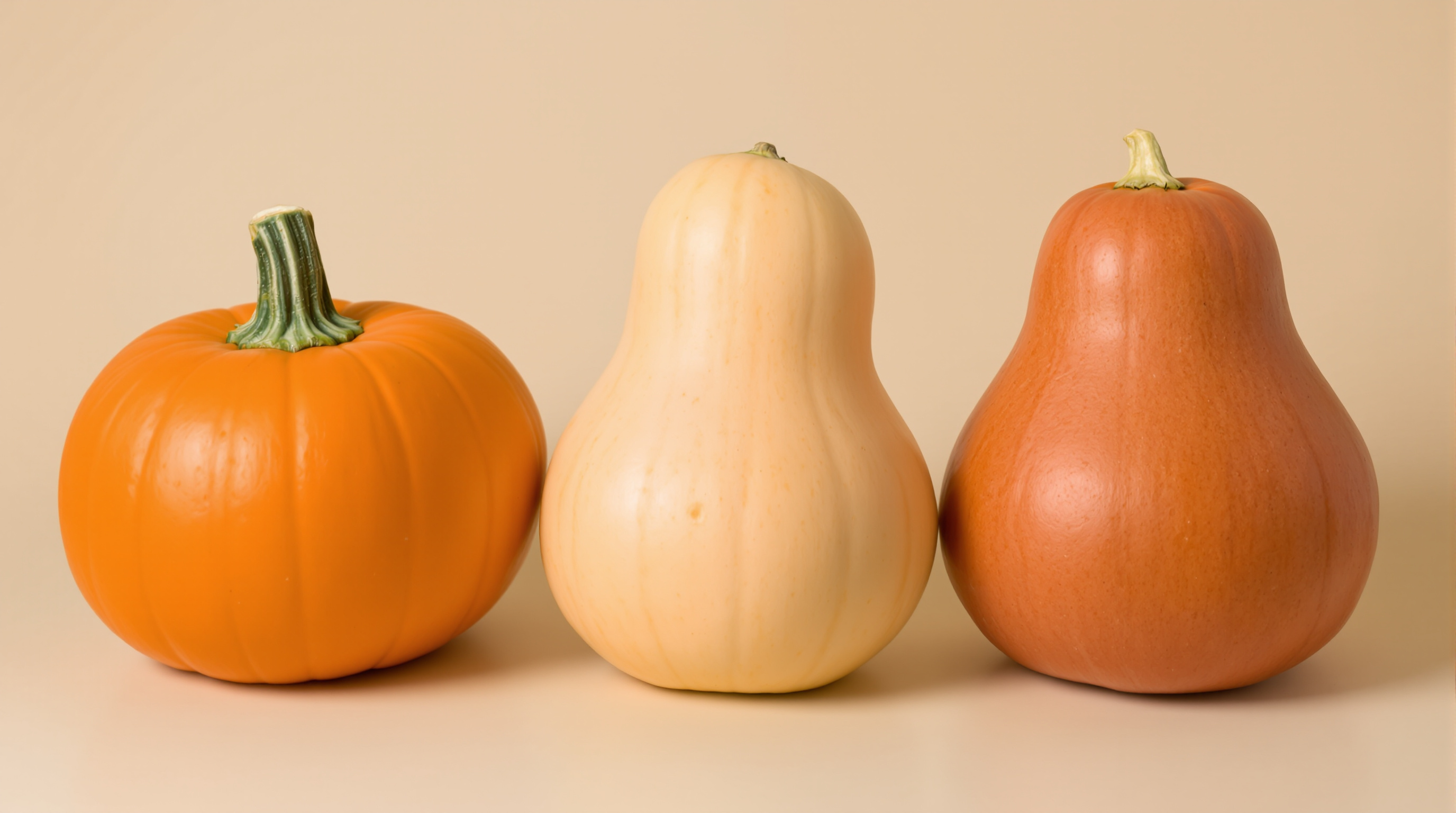 Comparatif visuel citrouille ronde orange, potiron aplati d’une autre couleur, potimarron en forme de poire brique.