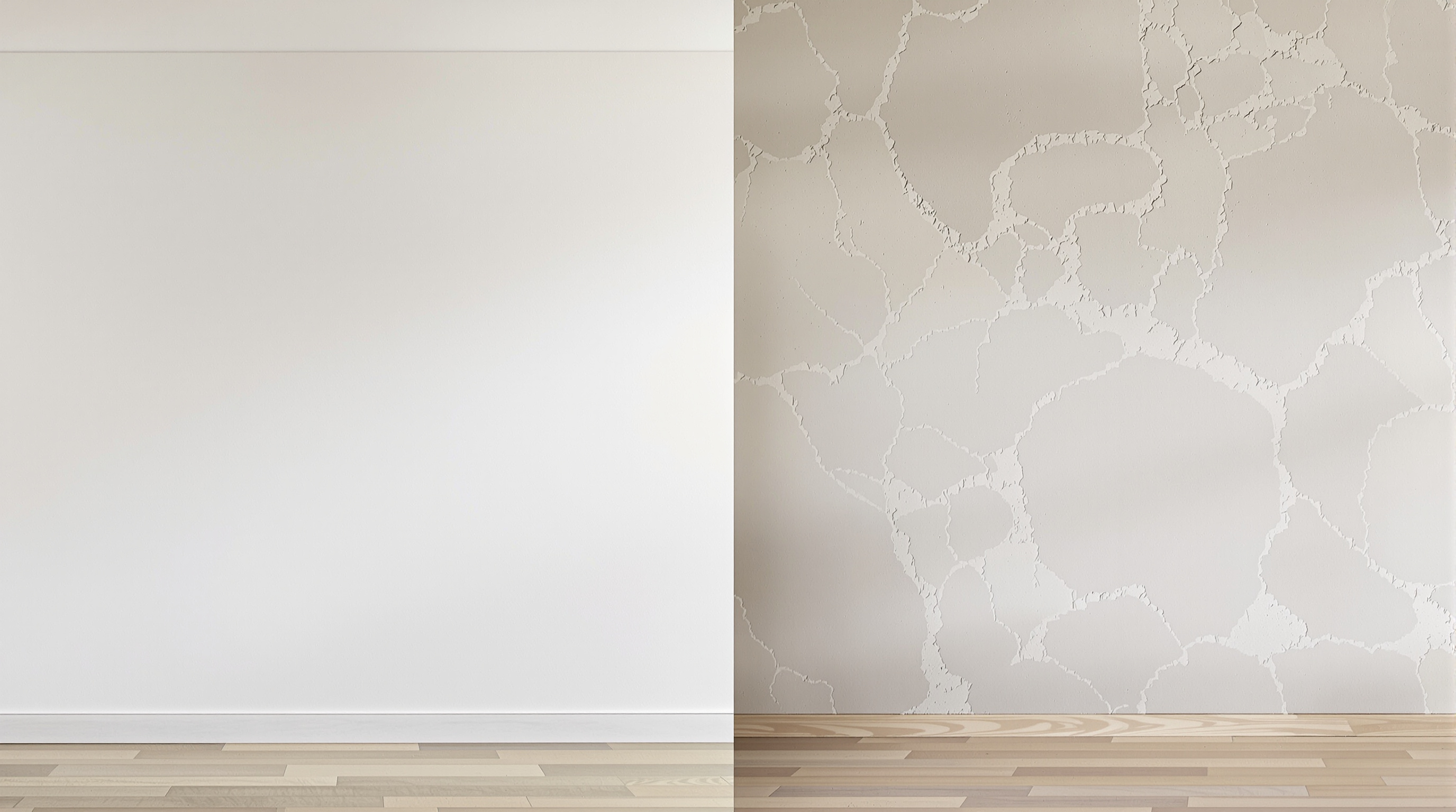 Comparaison entre deux intérieurs : à gauche, modernité froide des cloisons en Placo parfaitement lisses ; à droite, chaleur subtile d’un mur ancien rénové avec du plâtre traditionnel.