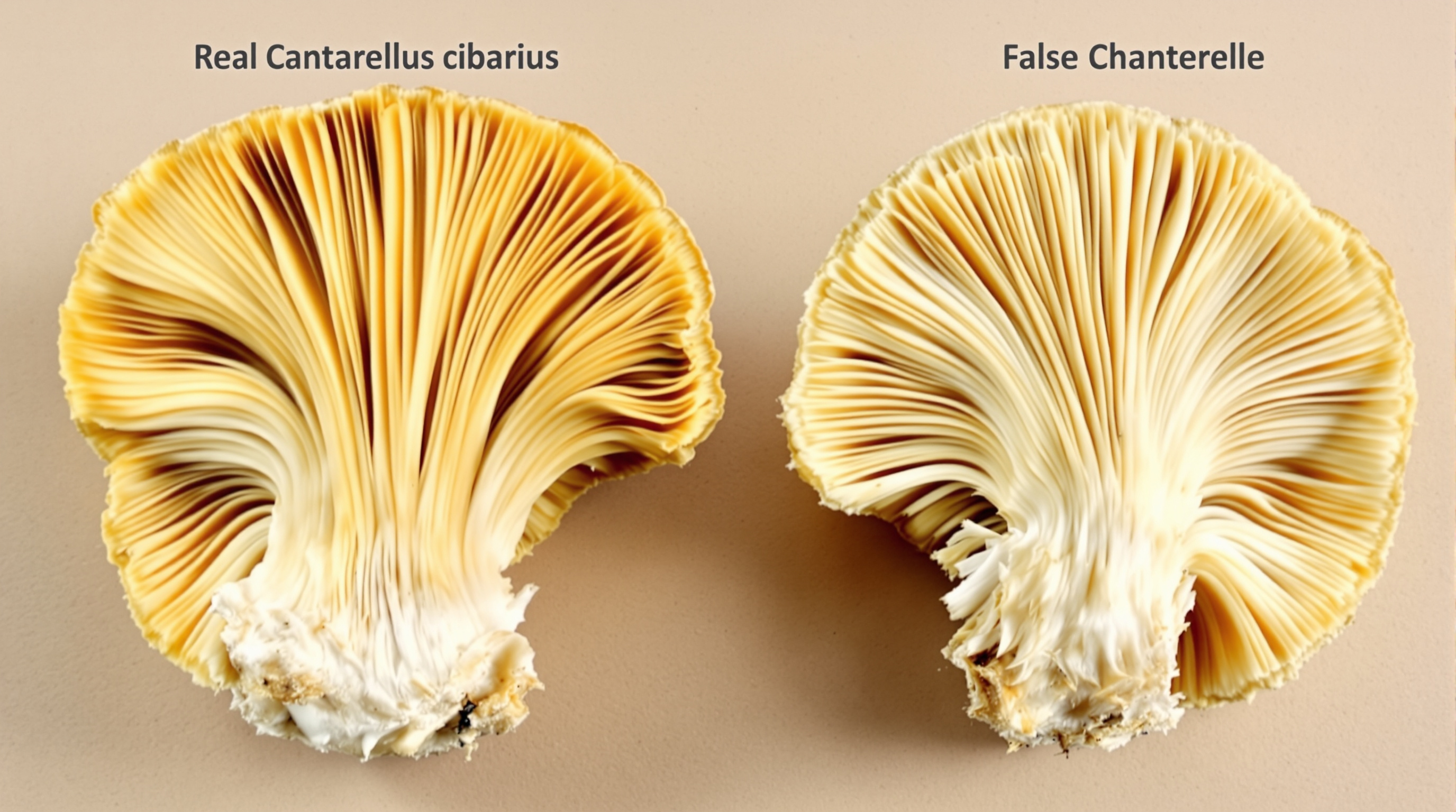 Comparaison visuelle entre les plis de la vraie girolle (Cantharellus cibarius) et les lamelles de la fausse girolle (Hygrophoropsis aurantiaca)