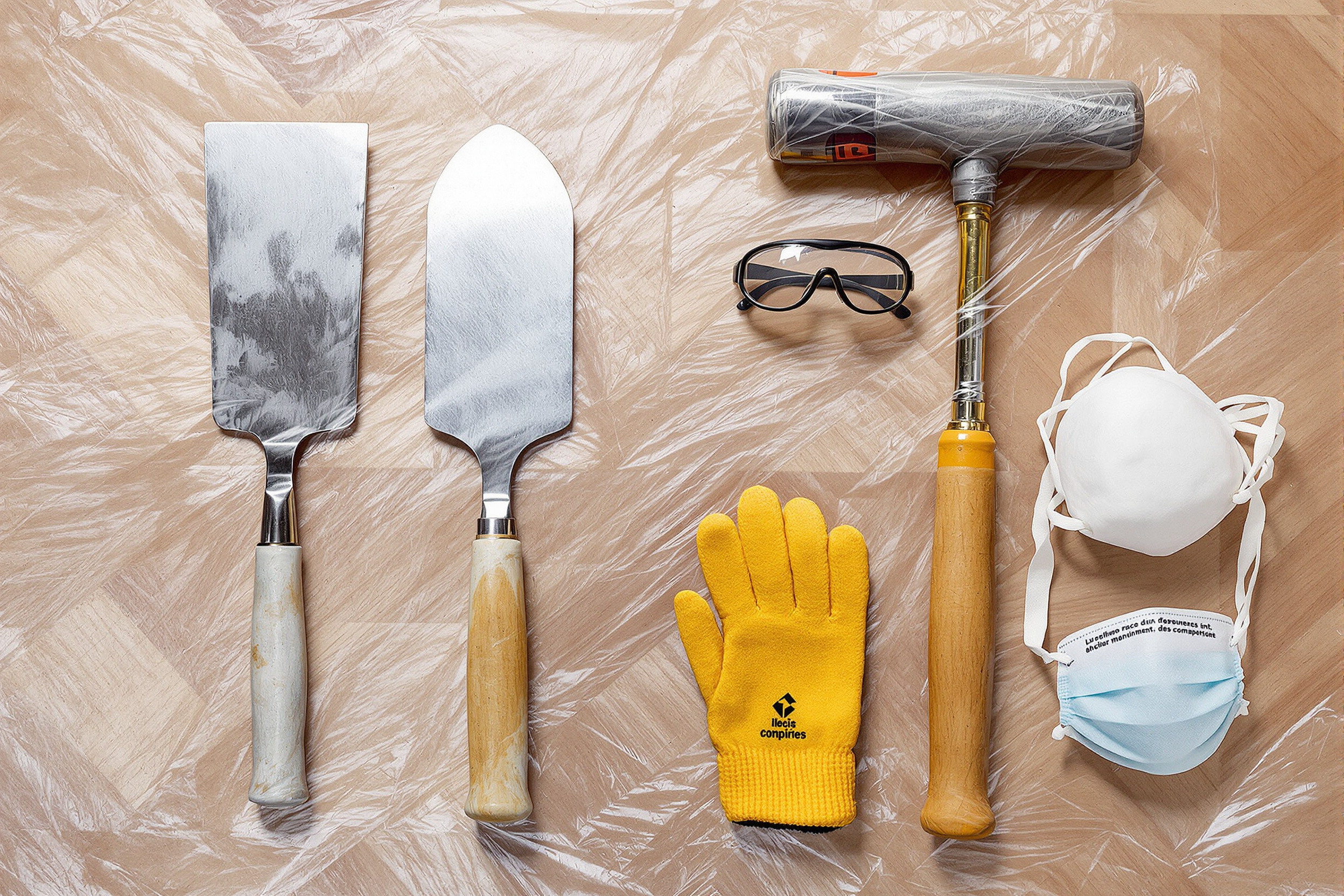 Arsenal du décarreleur : burin, maillet, spatule, gants, lunettes, masque sur bâche