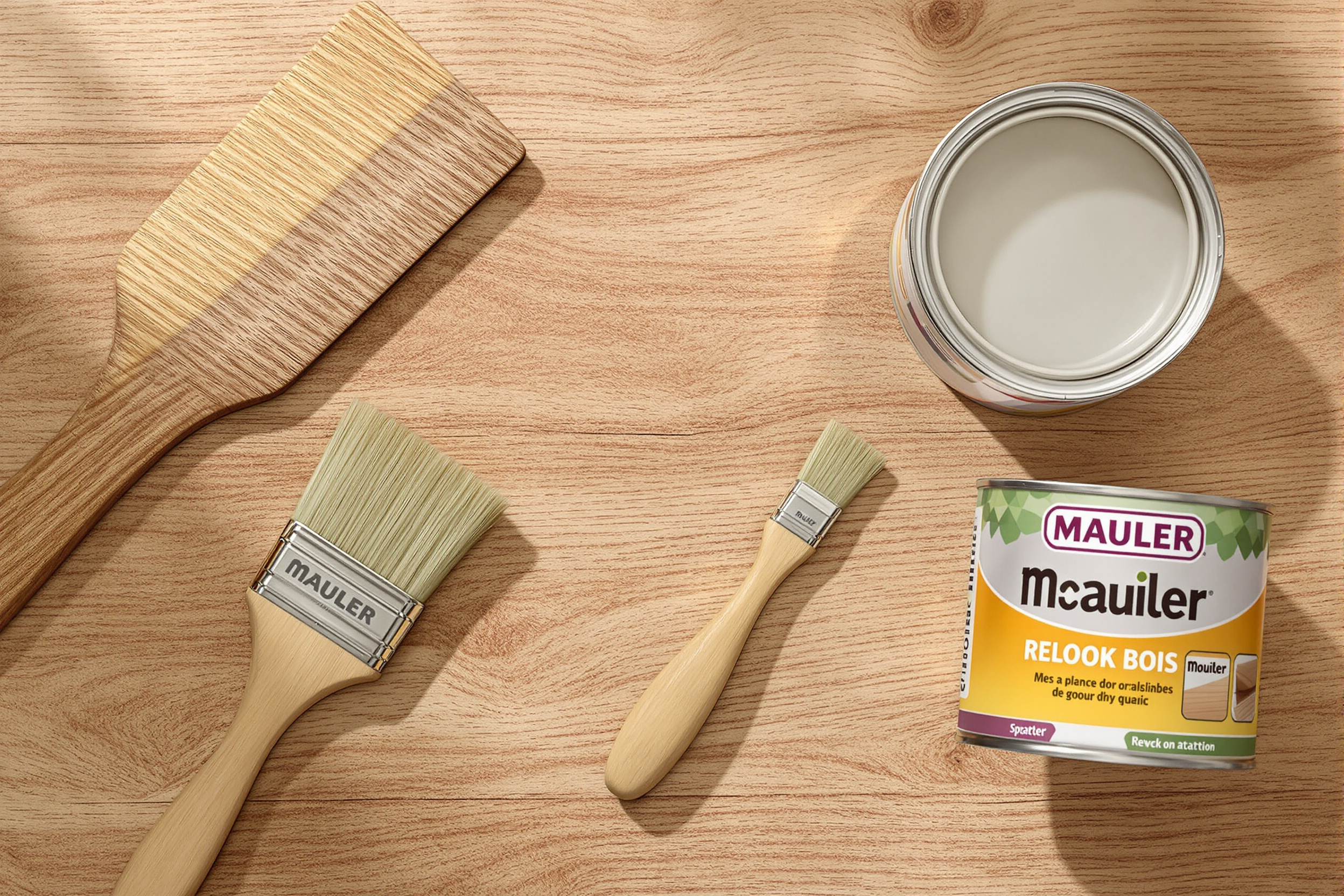Outils essentiels pour la peinture effet bois : spalter, boisette et pot Mauler sur fond brut