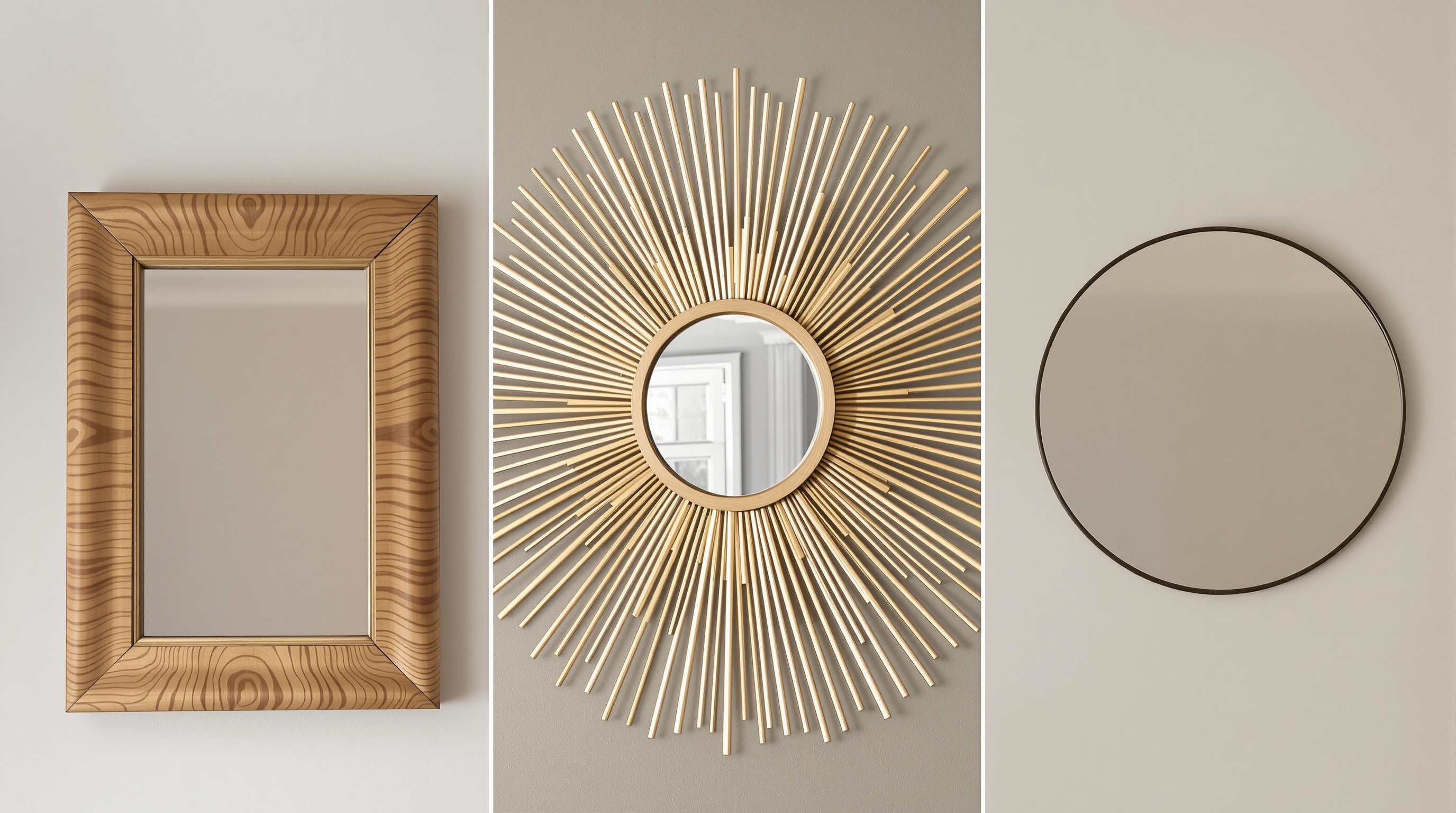 Trois miroirs de sorcière côte à côte : cadre bois classique patiné, miroir soleil rayons dorés et version moderne sans cadre.