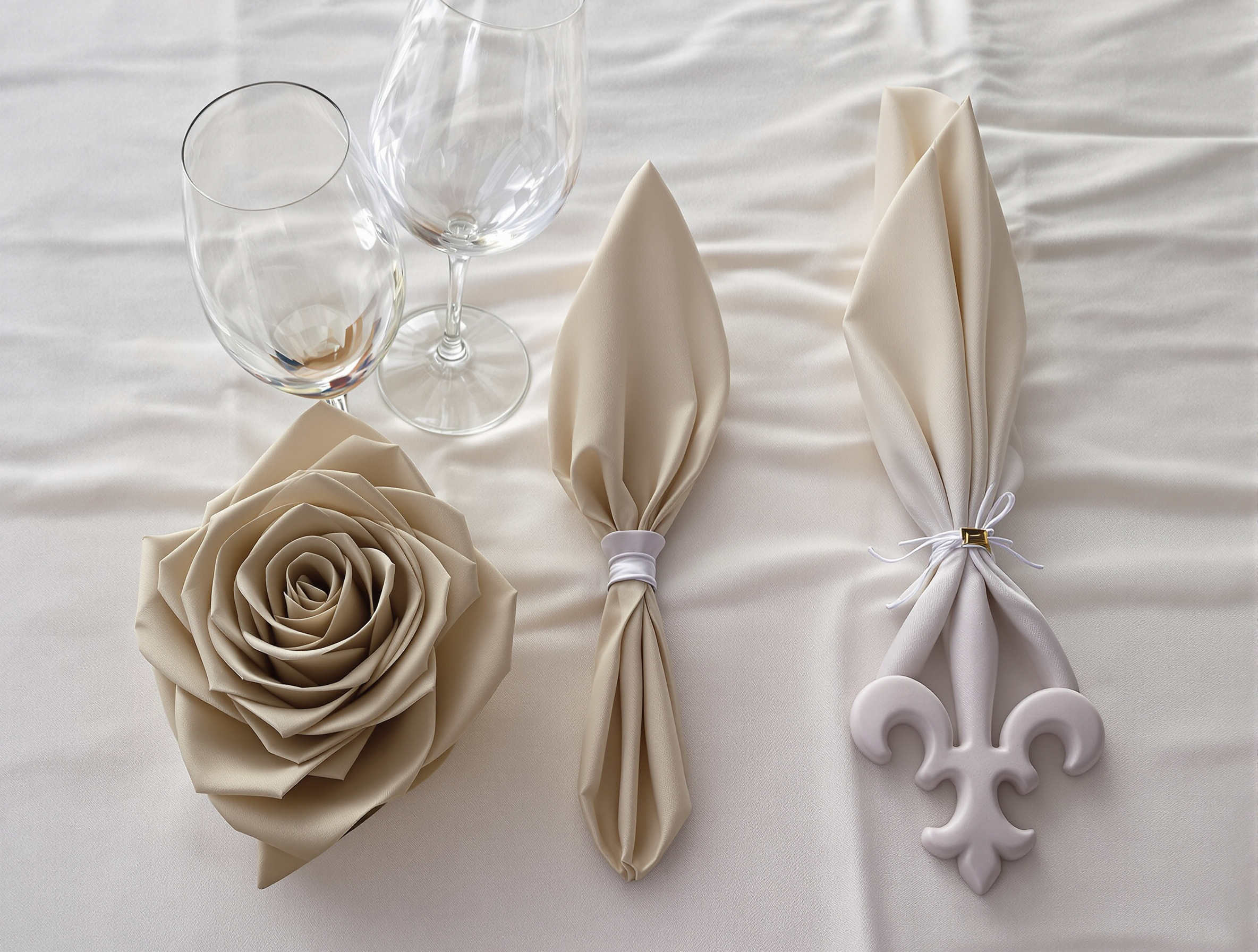 Pliages originaux dans plusieurs verres sur nappe en lin clair