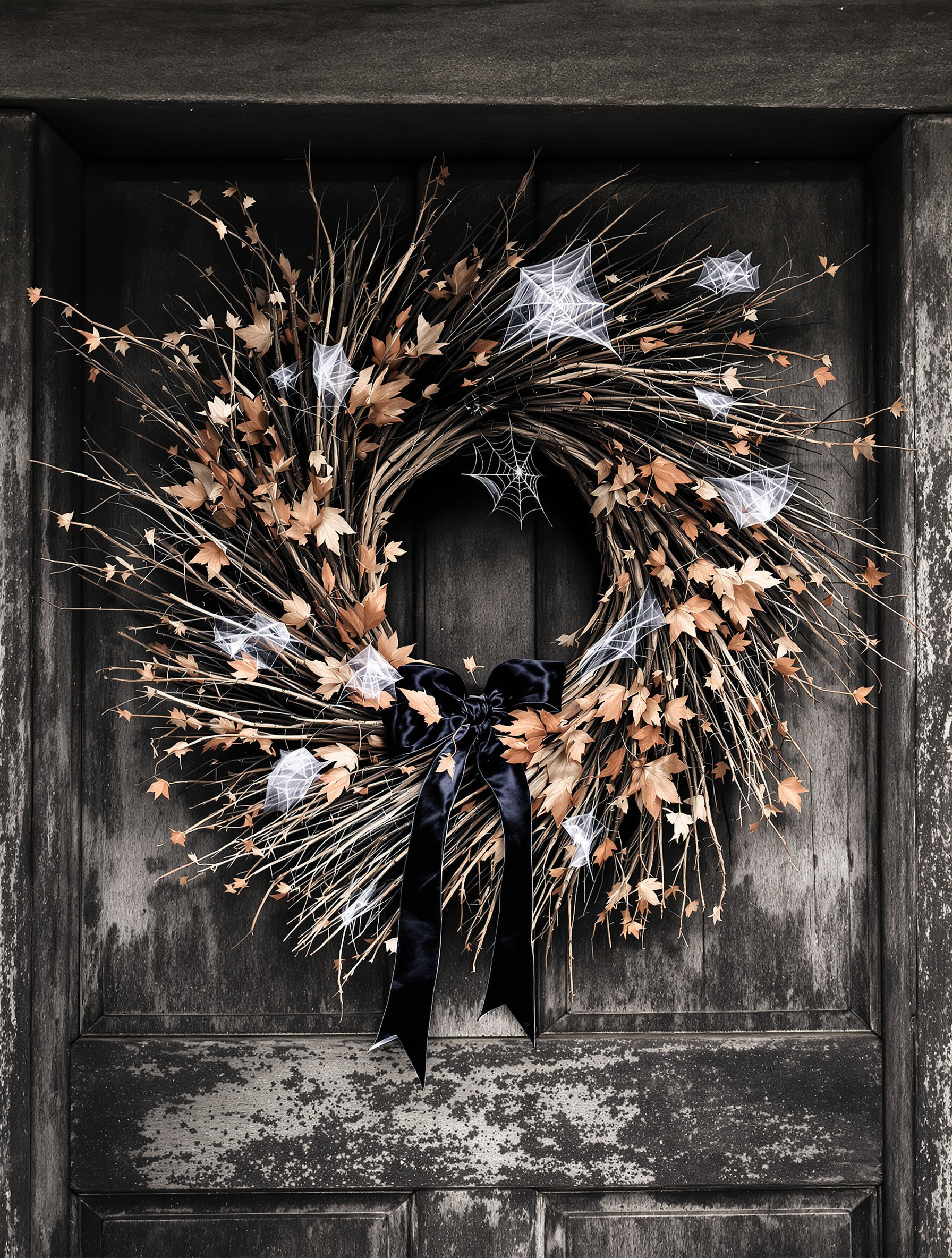 couronne porte Halloween branches velours feuilles mortes