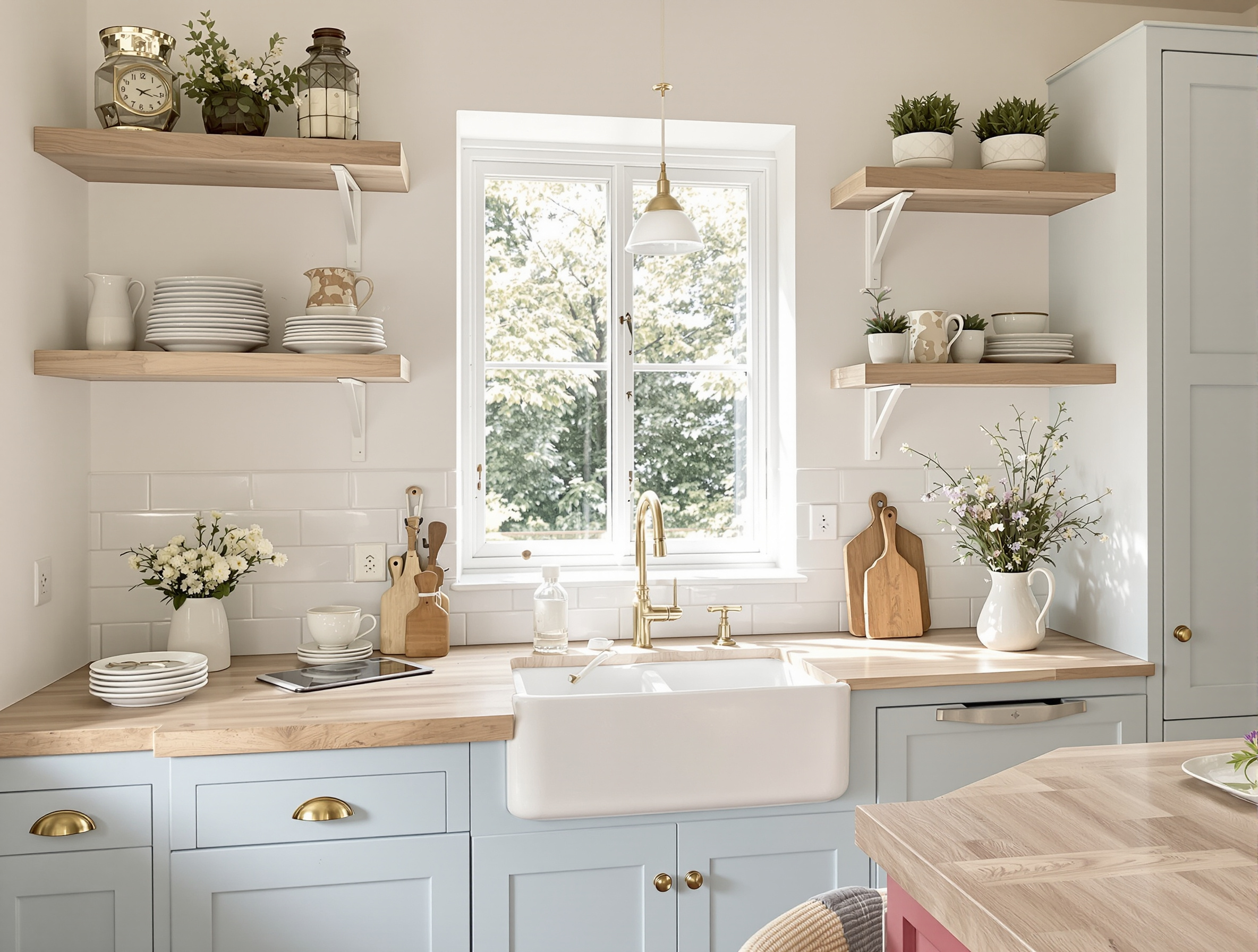 Cuisine campagnarde murs blanc ivoire plan de travail bois placards bleu pastel