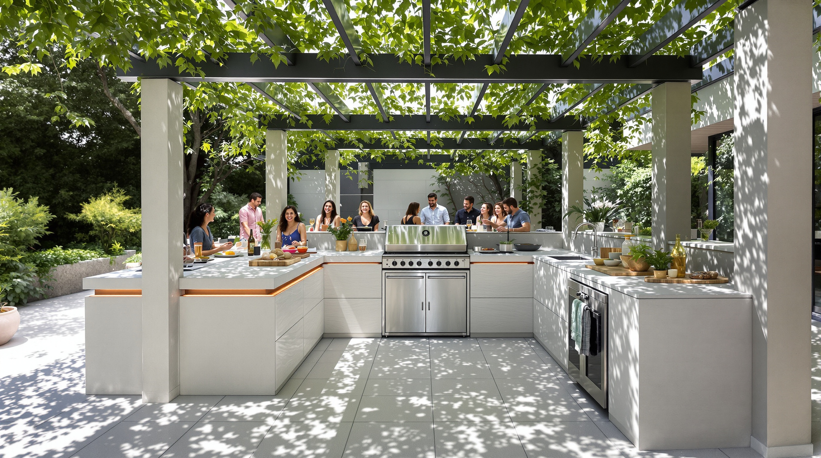 Cuisine d'été extérieure en béton cellulaire intégrant barbecue, plancha et plan de travail traité hydrofuge.