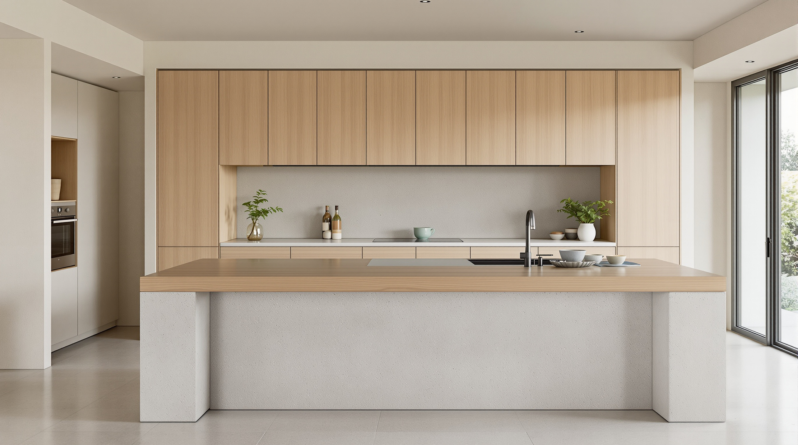 Cuisine minimaliste en béton cellulaire avec plan de travail bois massif – alliance wabi-sabi.