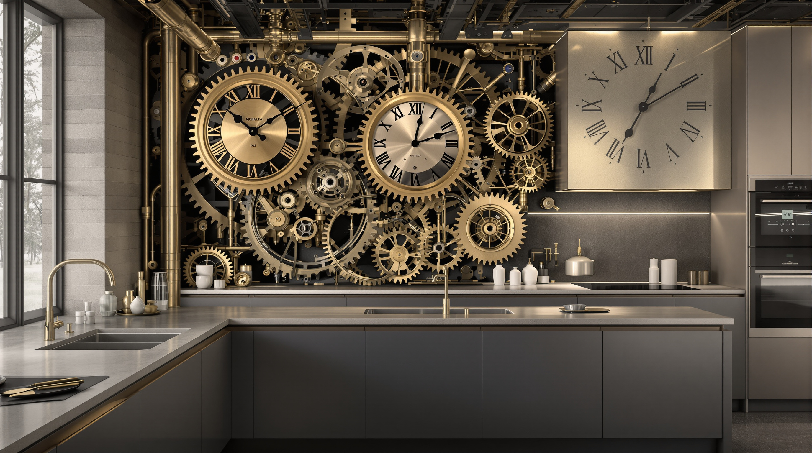Cuisine Mobalpa mécanique d’horlogerie, engrenages et éléments de cuisine mêlés dans une ambiance poétique industrielle