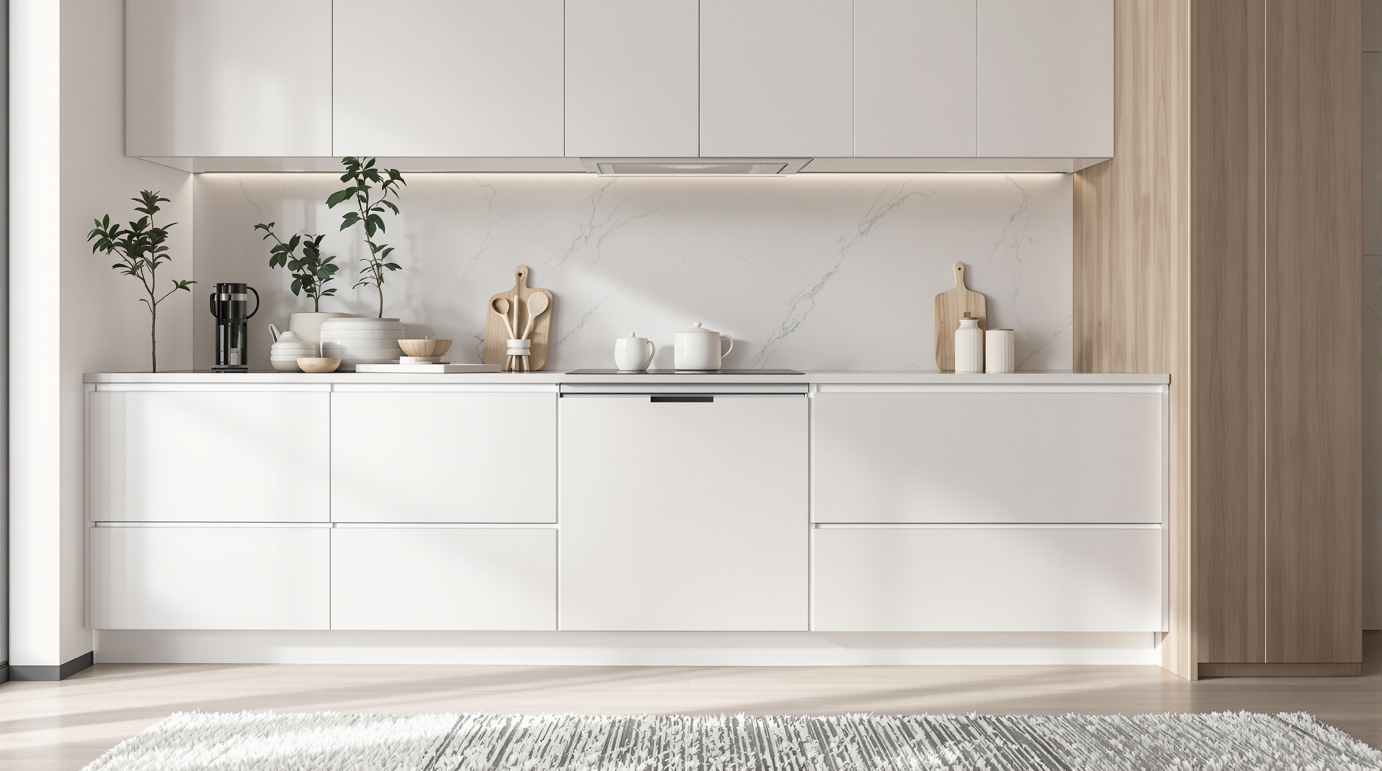 Cuisine moderne et épurée montrant un meuble bas intégrant un lave-vaisselle encastrable. La façade du meuble est identique à celle des autres placards, créant une harmonie visuelle parfaite.