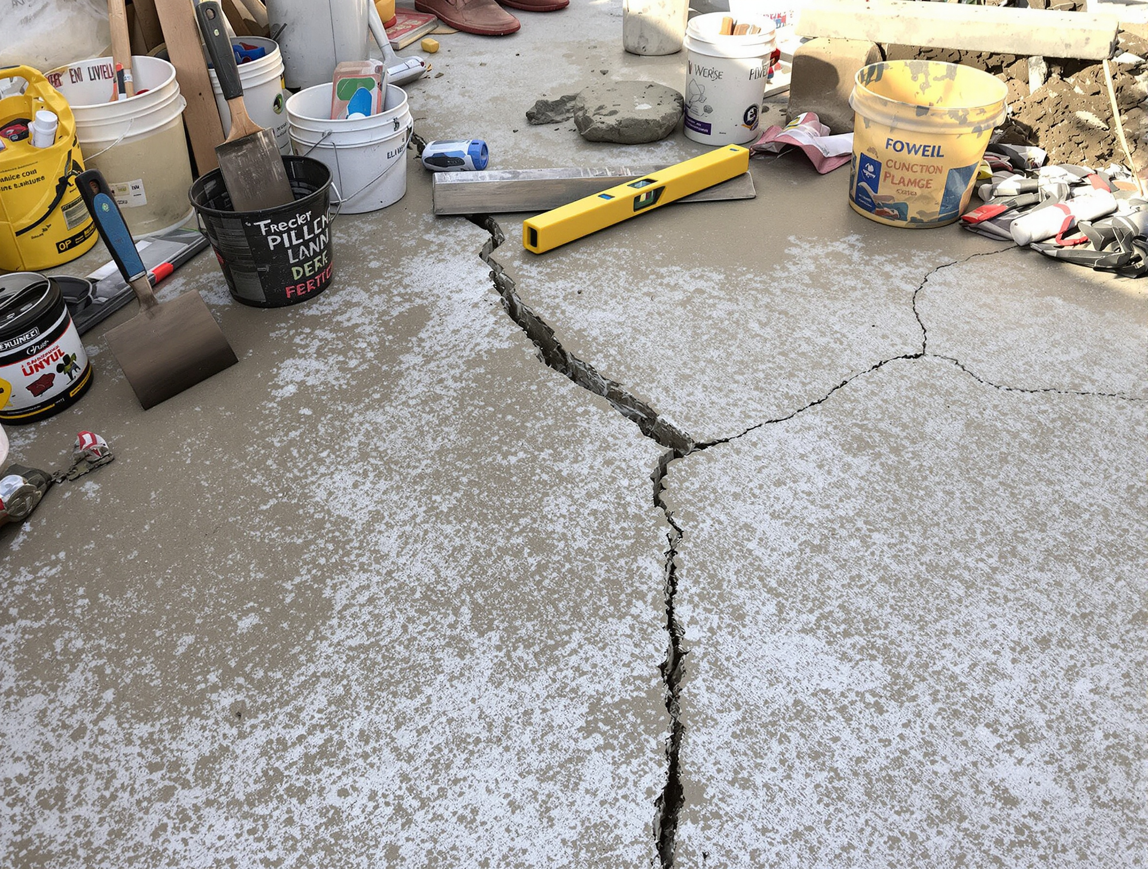 Une dalle de béton DIY fissurée et mal nivelée, outils abandonnés à côté — humour grinçant sur les ratés du chantier amateur.