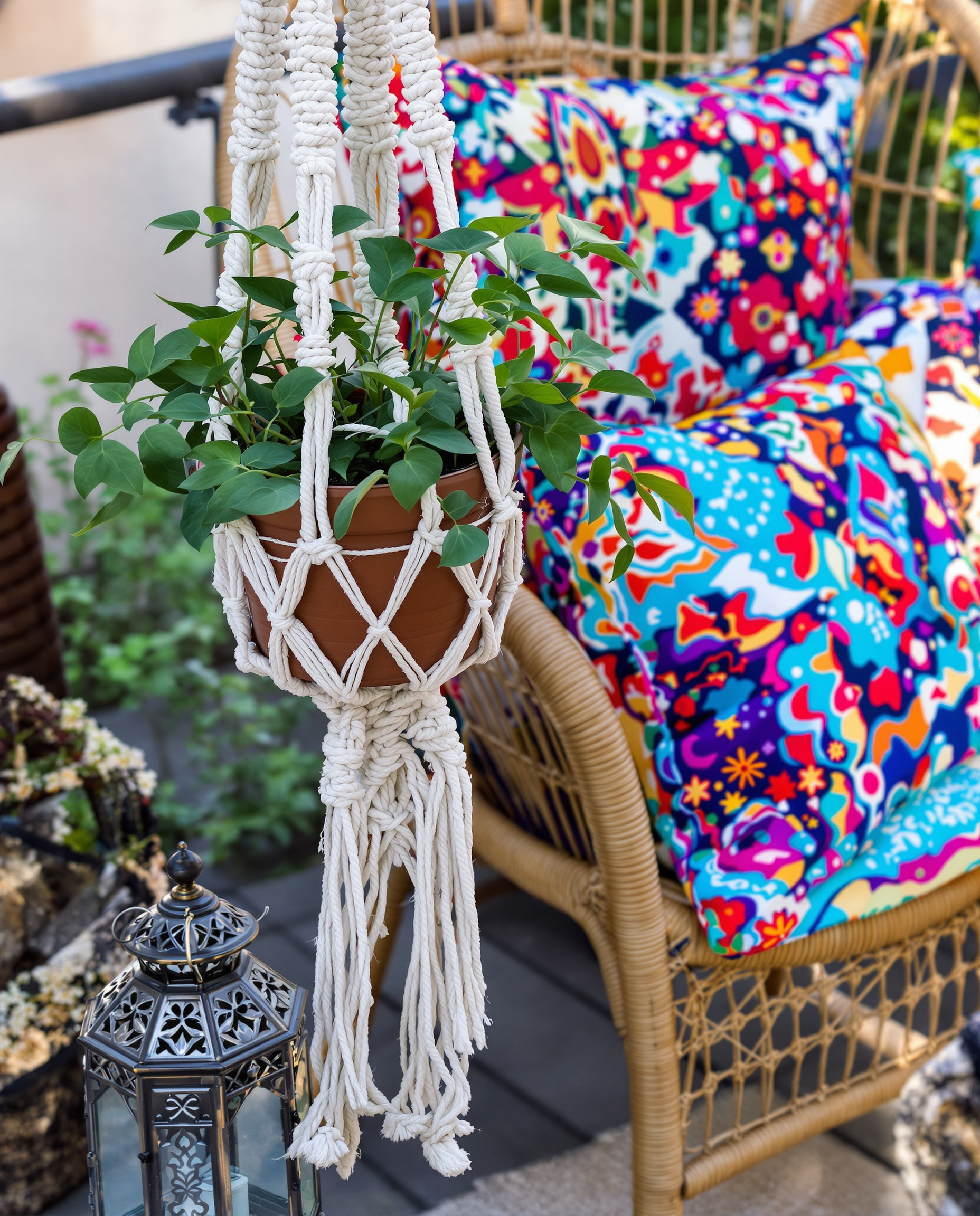 Décoration bohème : suspension en macramé avec plante verte, coussins ethniques sur fauteuil en rotin et lanterne ciselée.