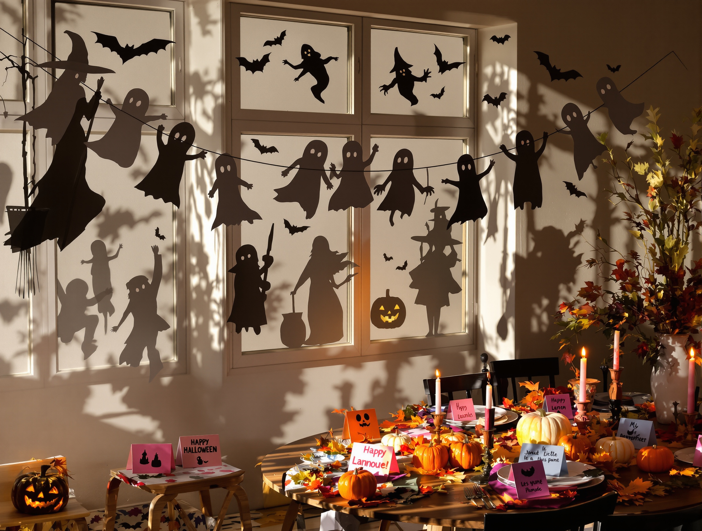 Décorations Halloween DIY : guirlande de fantômes papier, silhouettes collées sur fenêtres et marque-places colorés.