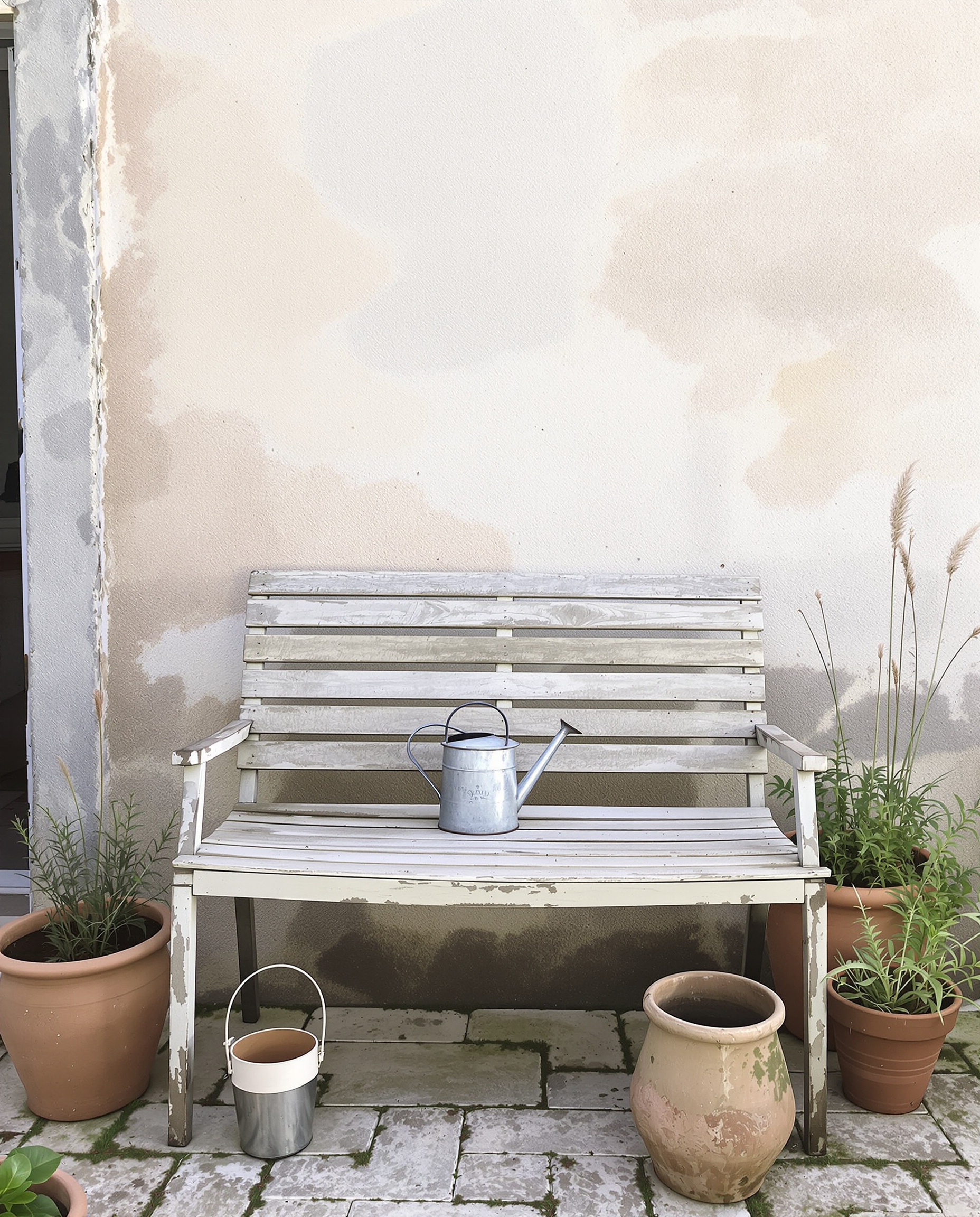 Entrée maison charme objets récupération banc patiné arrosoir zinc graminées