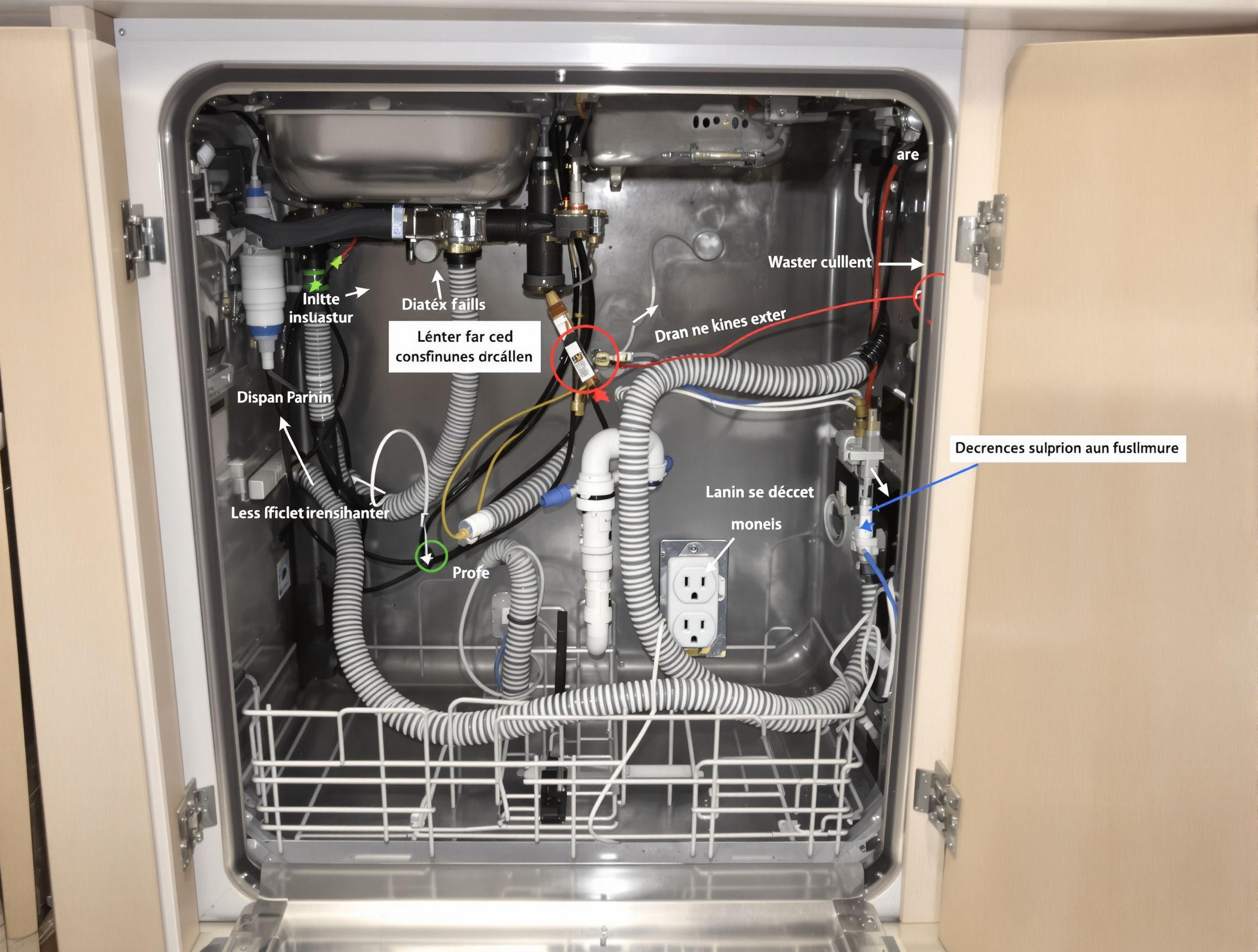 Vue détaillée de l'espace derrière un lave-vaisselle encastrable, montrant le tuyau d'arrivée d'eau, le tuyau d'évacuation raccordé au siphon de l'évier, et la prise électrique dédiée.
