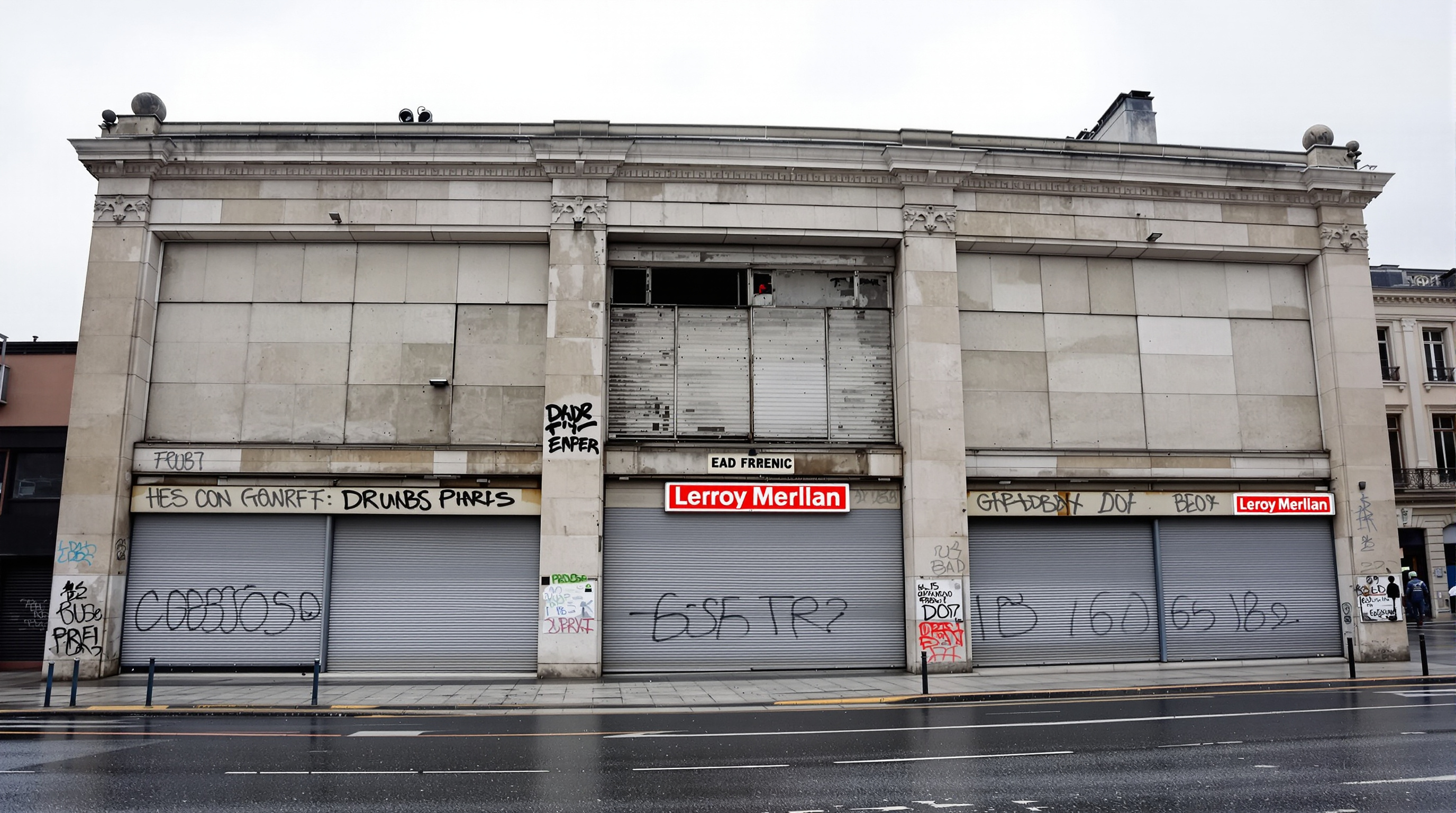 La façade silencieuse et fermée de l'ancien Leroy Merlin Daumesnil, un géant endormi sur l'avenue, attendant sa future transformation architecturale dans le paysage parisien.