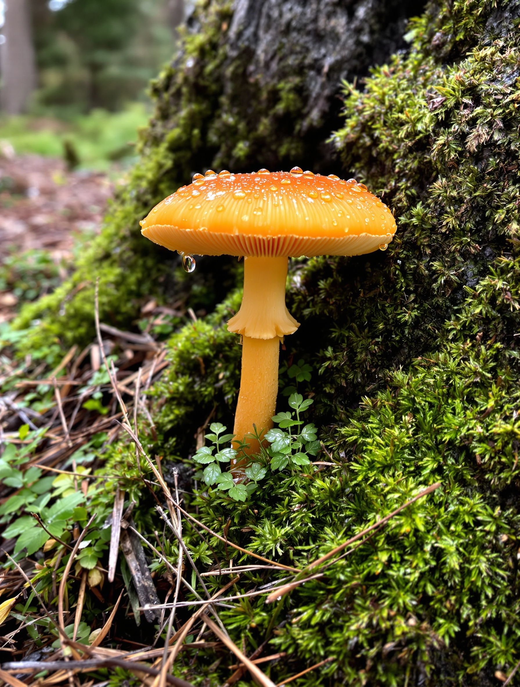 Fausse girolle (Hygrophoropsis aurantiaca) sur une souche de pin en forêt, ambiance automnale.