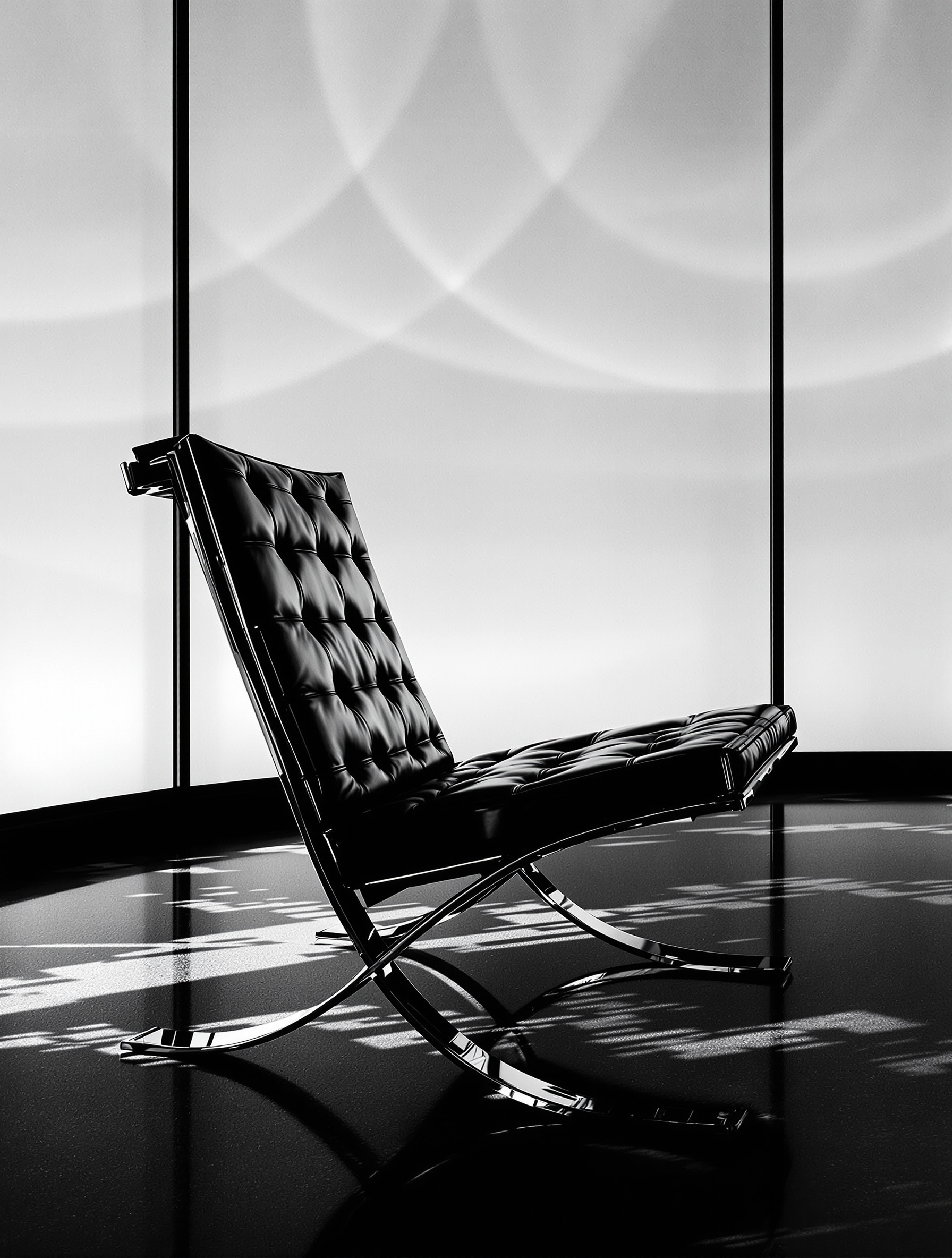 Fauteuil Barcelona seul dans le Pavillon allemand en 1929, jeux de lumière sur l’acier et le cuir.