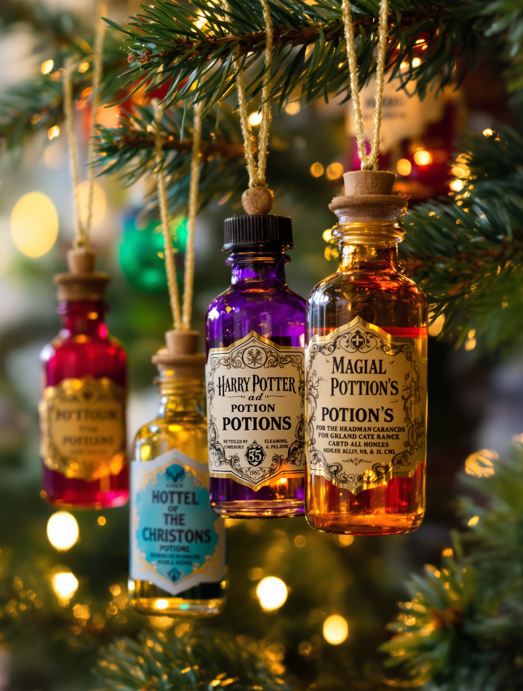 DIY fioles de potions Harry Potter suspendues à une branche de sapin