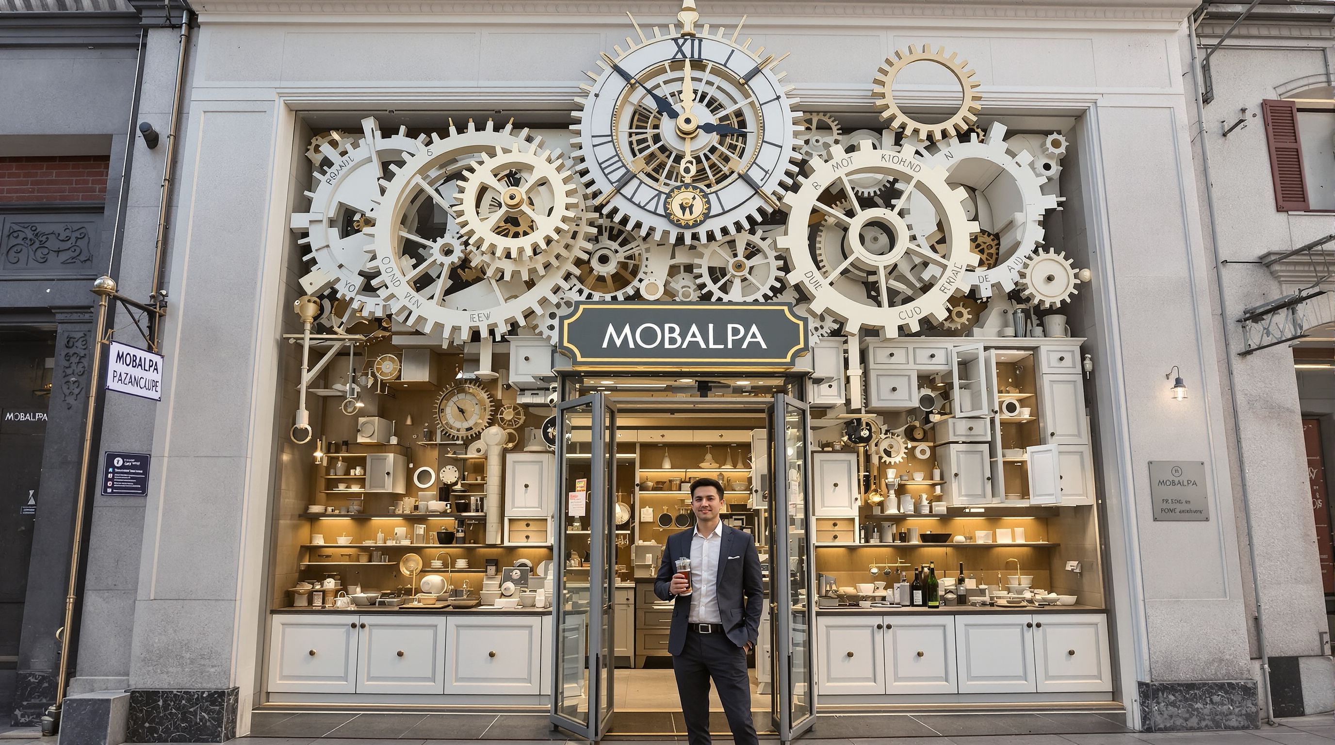 Franchisé Mobalpa devant sa boutique, engrenages géants et éléments de cuisine, ambiance chaleureuse et poétique
