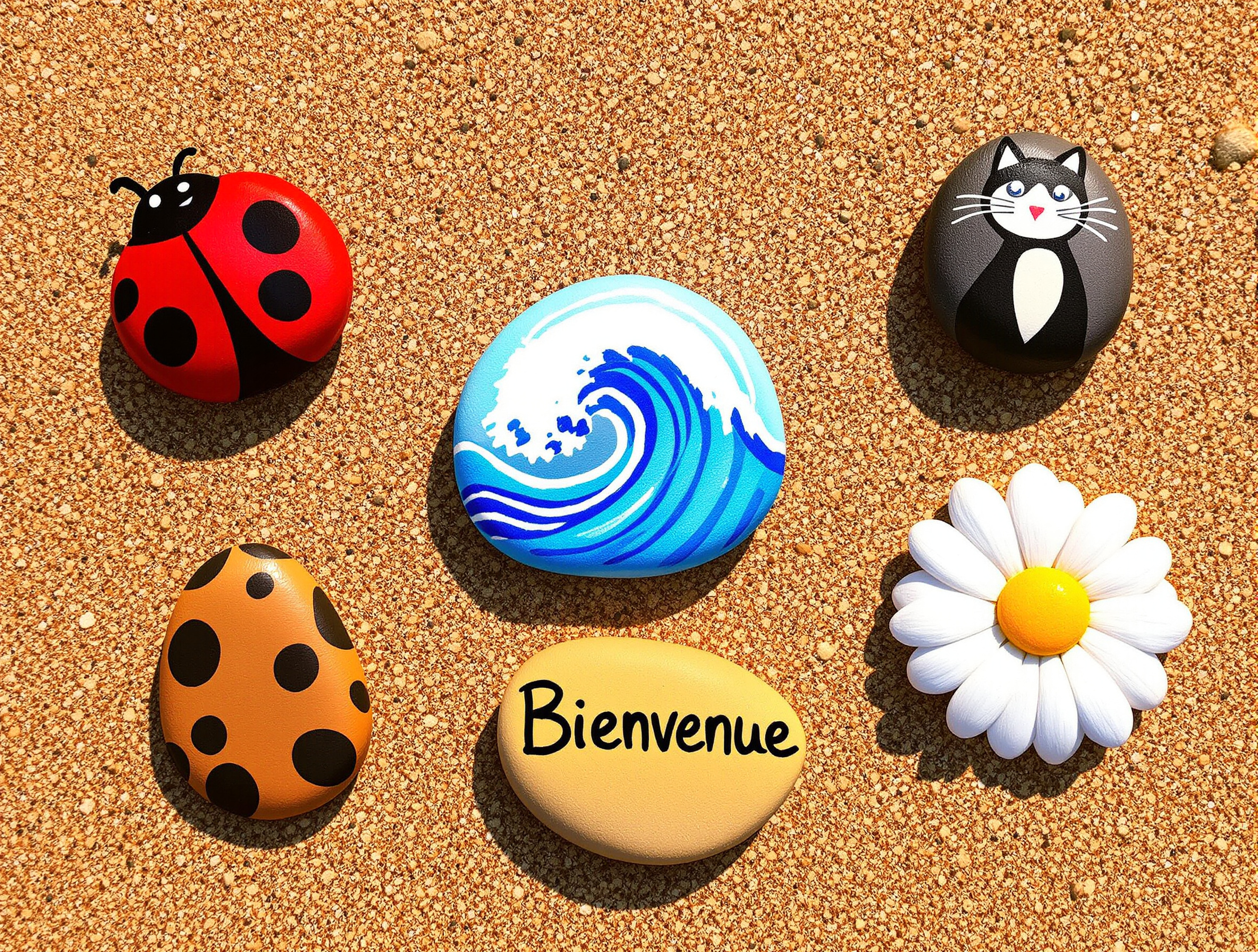 Exemples de galets peints : coccinelle rouge, chat stylisé, vague bleue, marguerite et galet avec 'Bienvenue' sur fond de sable.