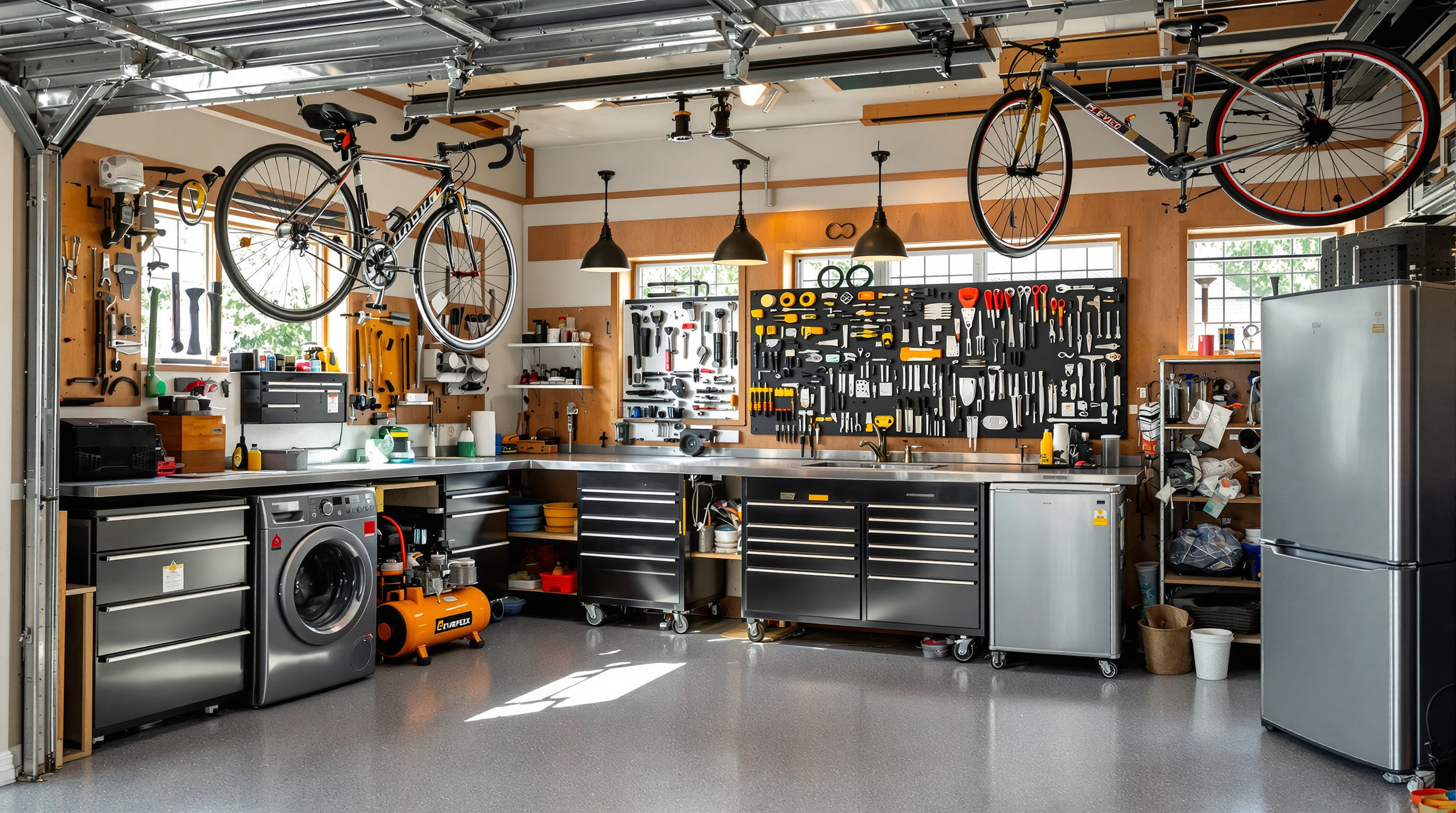 Coin atelier et vélos suspendus dans un garage lumineux
