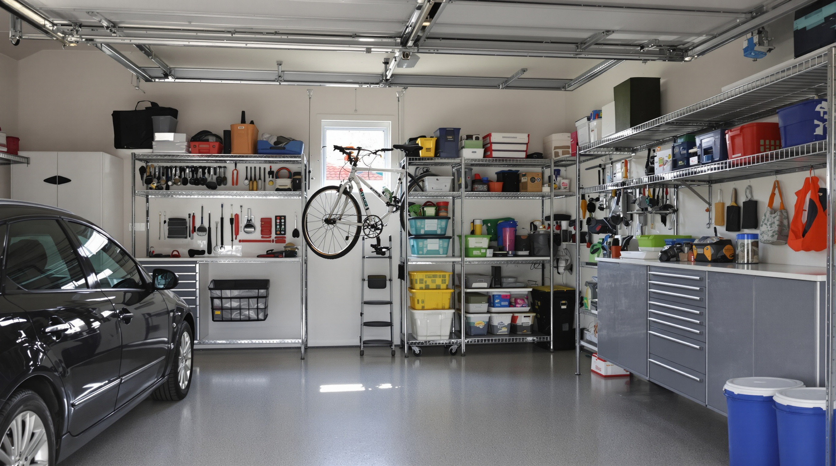 Garage spacieux organisé avec voiture, étagères métalliques et vélo suspendu