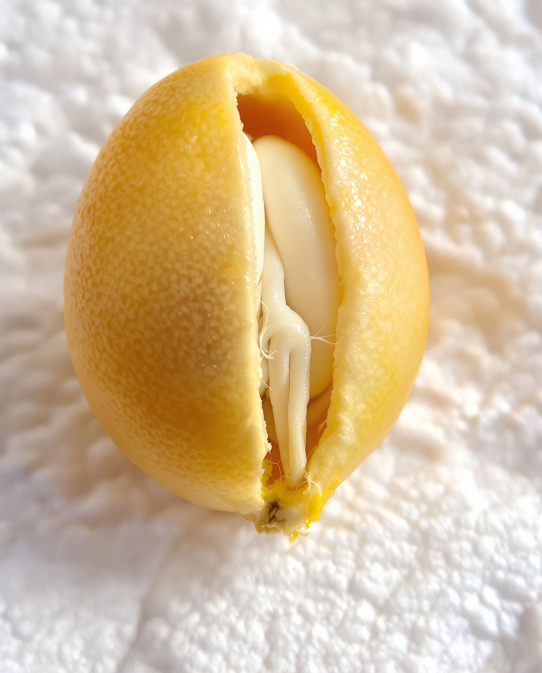 Gros plan sur un pépin de citron dont la racine blanche vient de percer l'enveloppe. Il est posé sur un morceau de papier essuie-tout humide, illustrant parfaitement la première étape de la germination, les 'fondations' de la future plante.