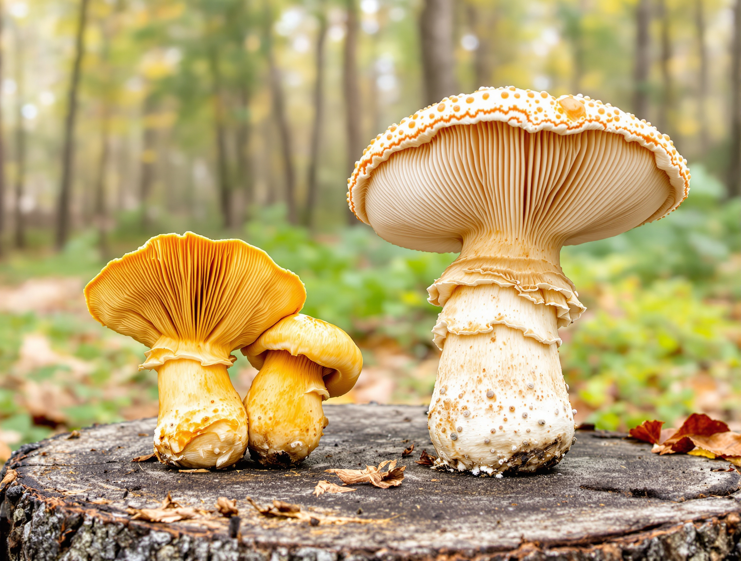 Comparaison pédagogique entre girolle, clitocybe de l'olivier, cèpe de Bordeaux et bolet de Satan, avec mise en évidence des différences architecturales.