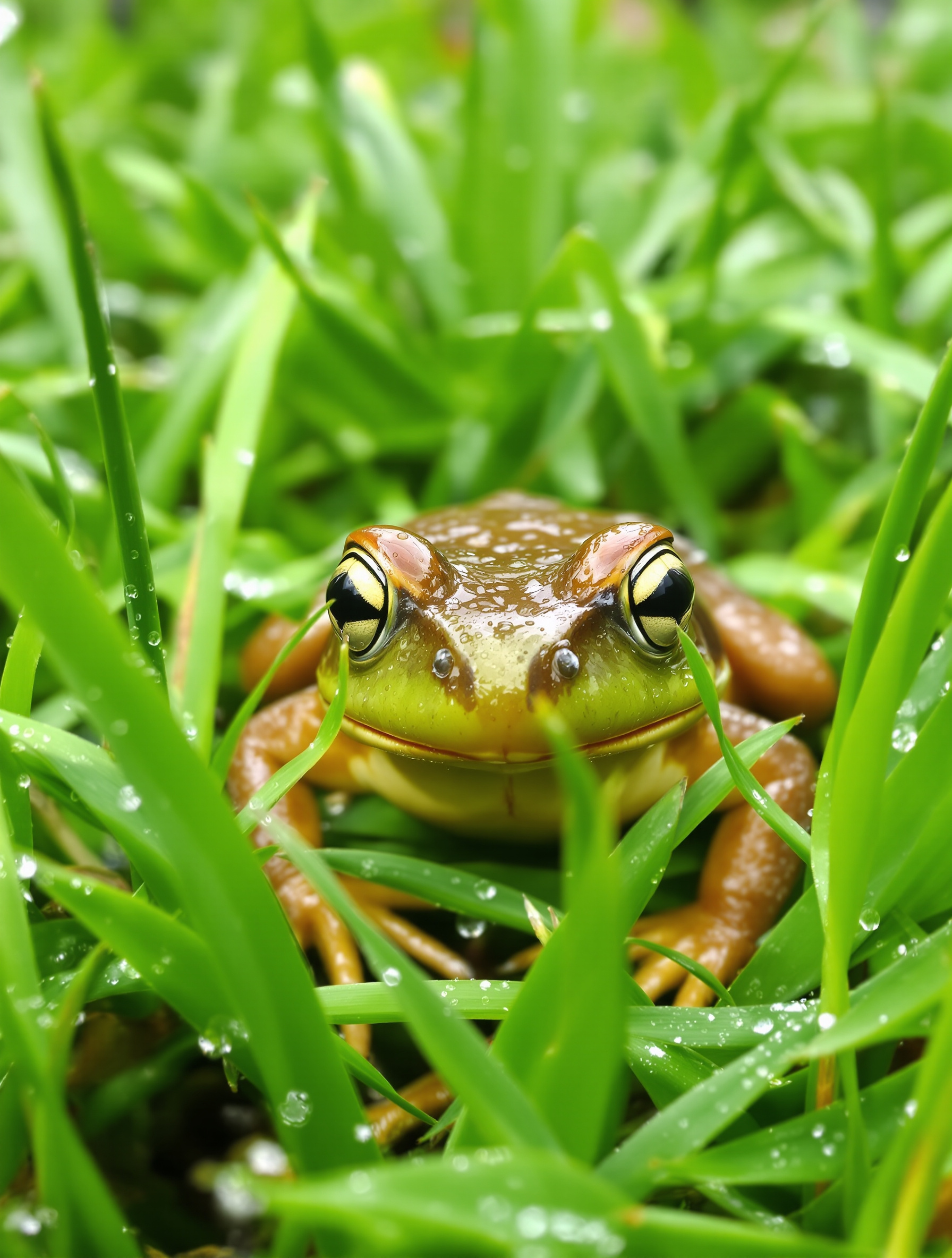 Gros plan d'une grenouille rousse dans l'herbe humide avec goutte de rosée.