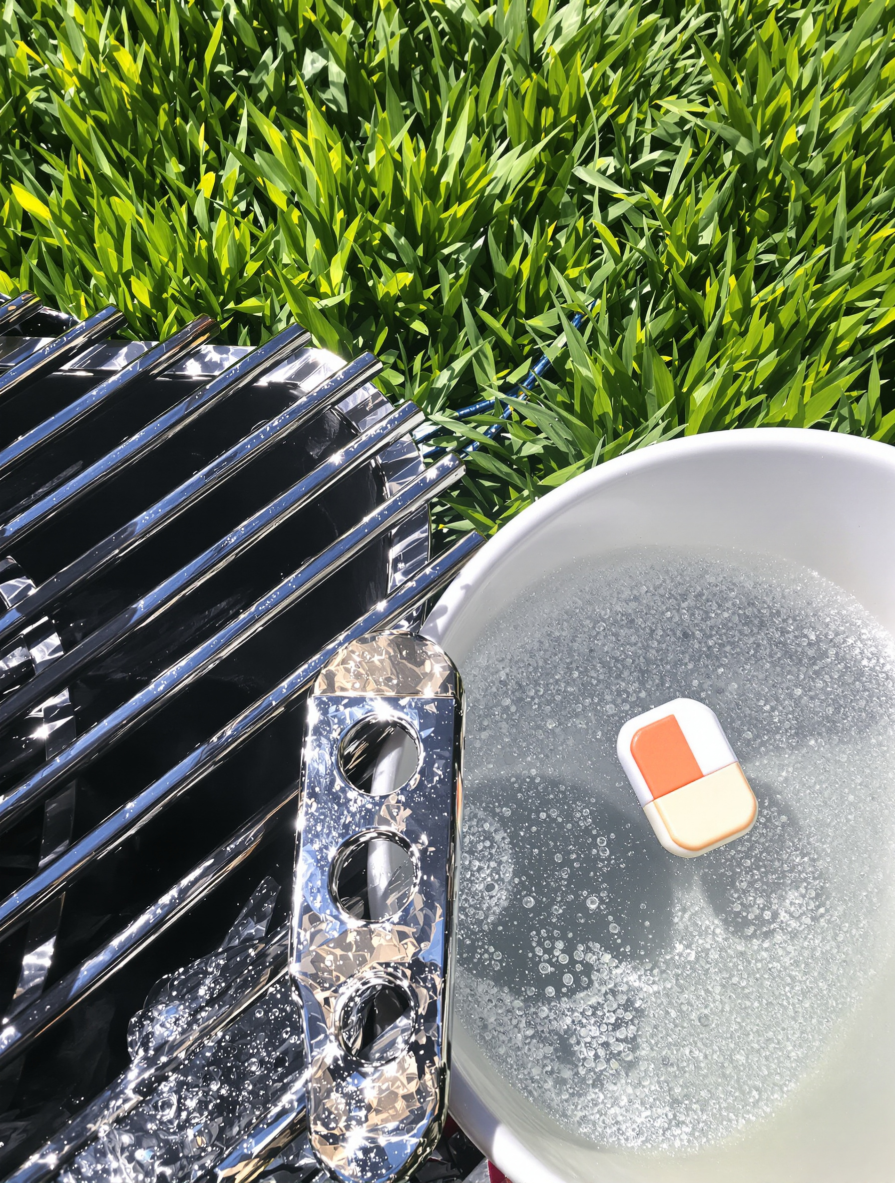 Grille de barbecue étincelante posée sur l'herbe, à côté d'une bassine d'eau savonneuse où flotte une pastille de lave-vaisselle à moitié dissoute.