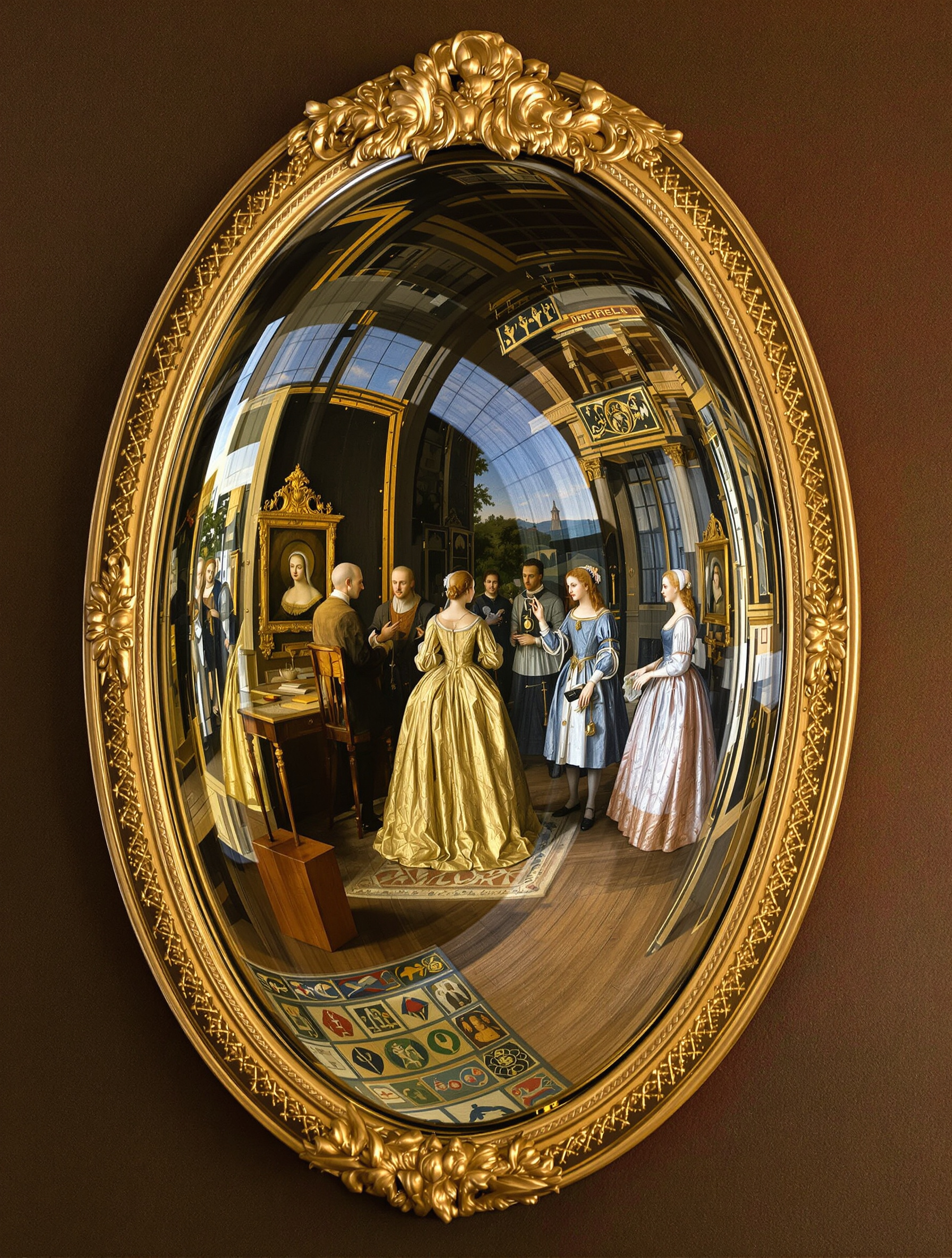 Gros plan sur le miroir convexe central du tableau 'Les Époux Arnolfini' montrant son reflet détaillé et son rôle panoramique.
