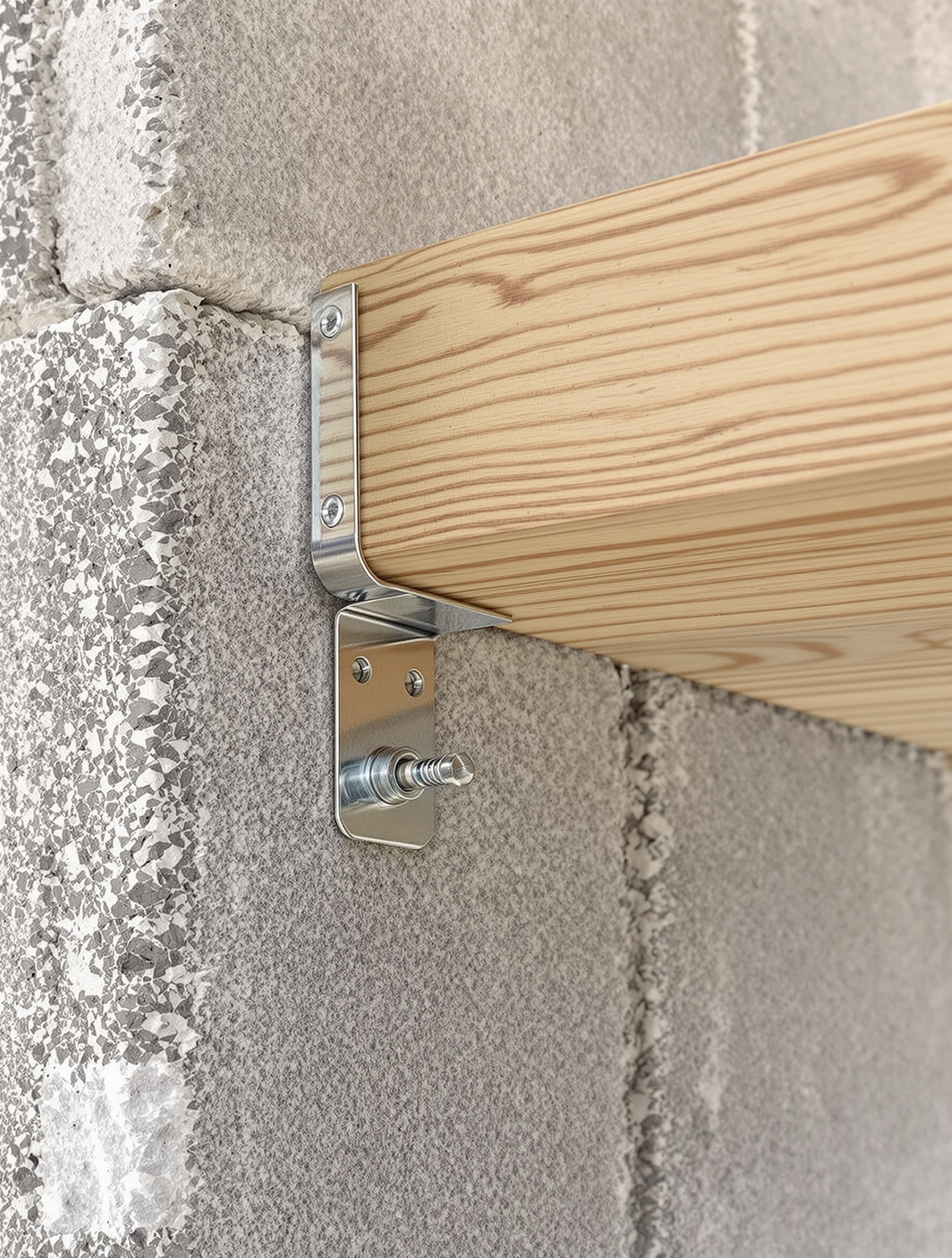Fixation d’une muralière en bois massif sur un mur en parpaings par scellement chimique et sabot métallique déjà posé.