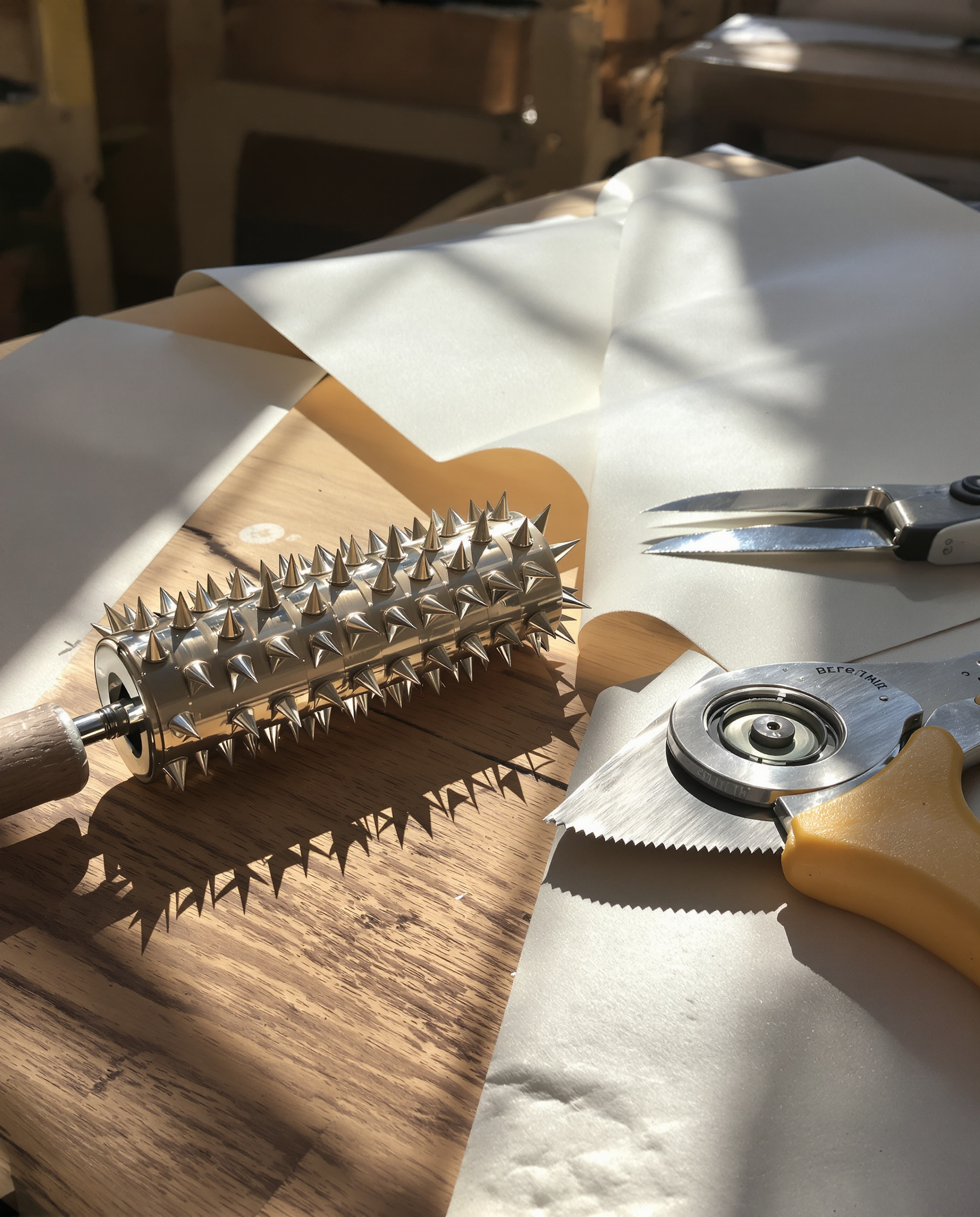 Outils essentiels : rouleau à picots et cutter posés sur table de chantier avec échantillon de papier peint vinyle épais.