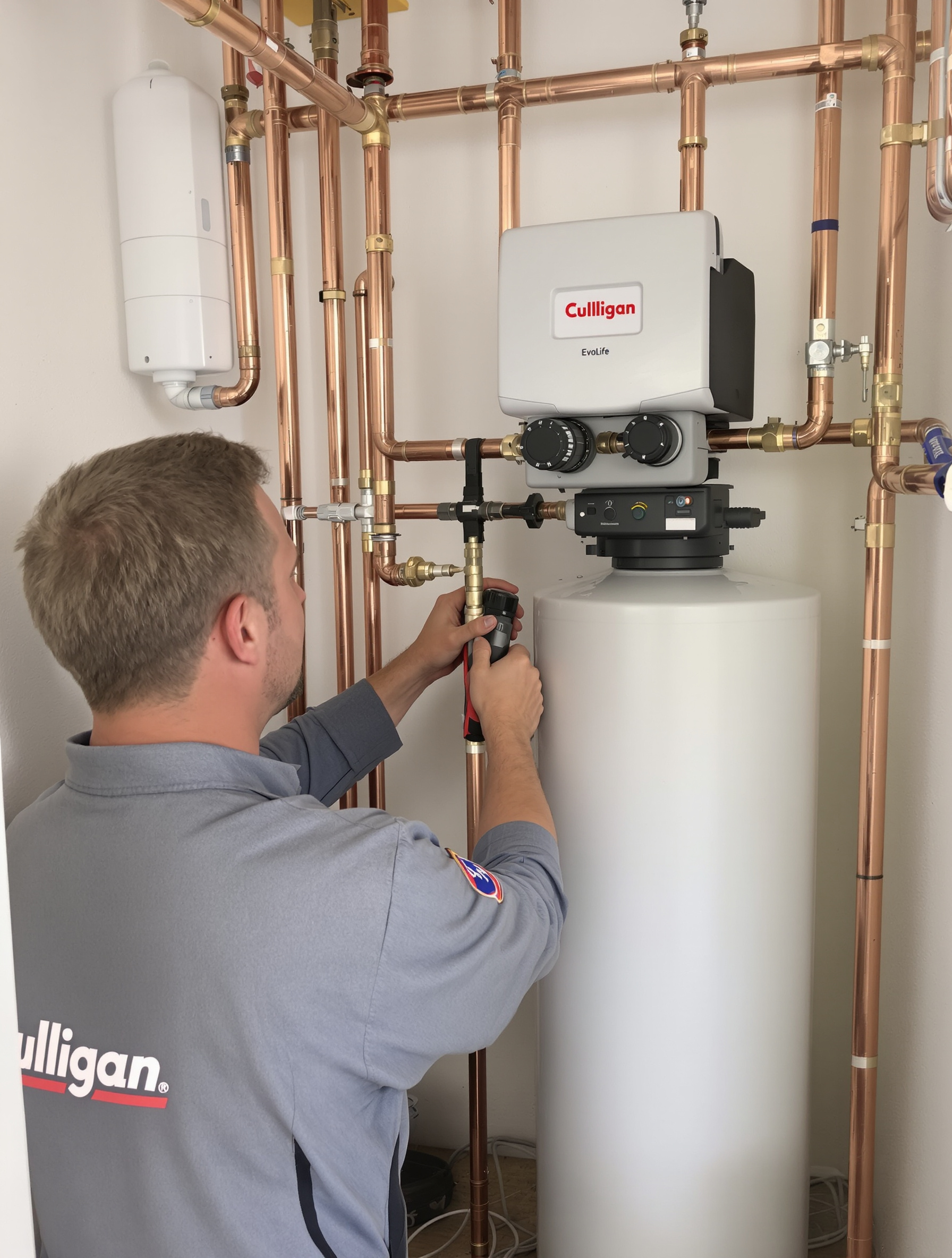 Installation professionnelle d'un adoucisseur Culligan Evolife avec bypass visible et tuyauterie cuivre brillante